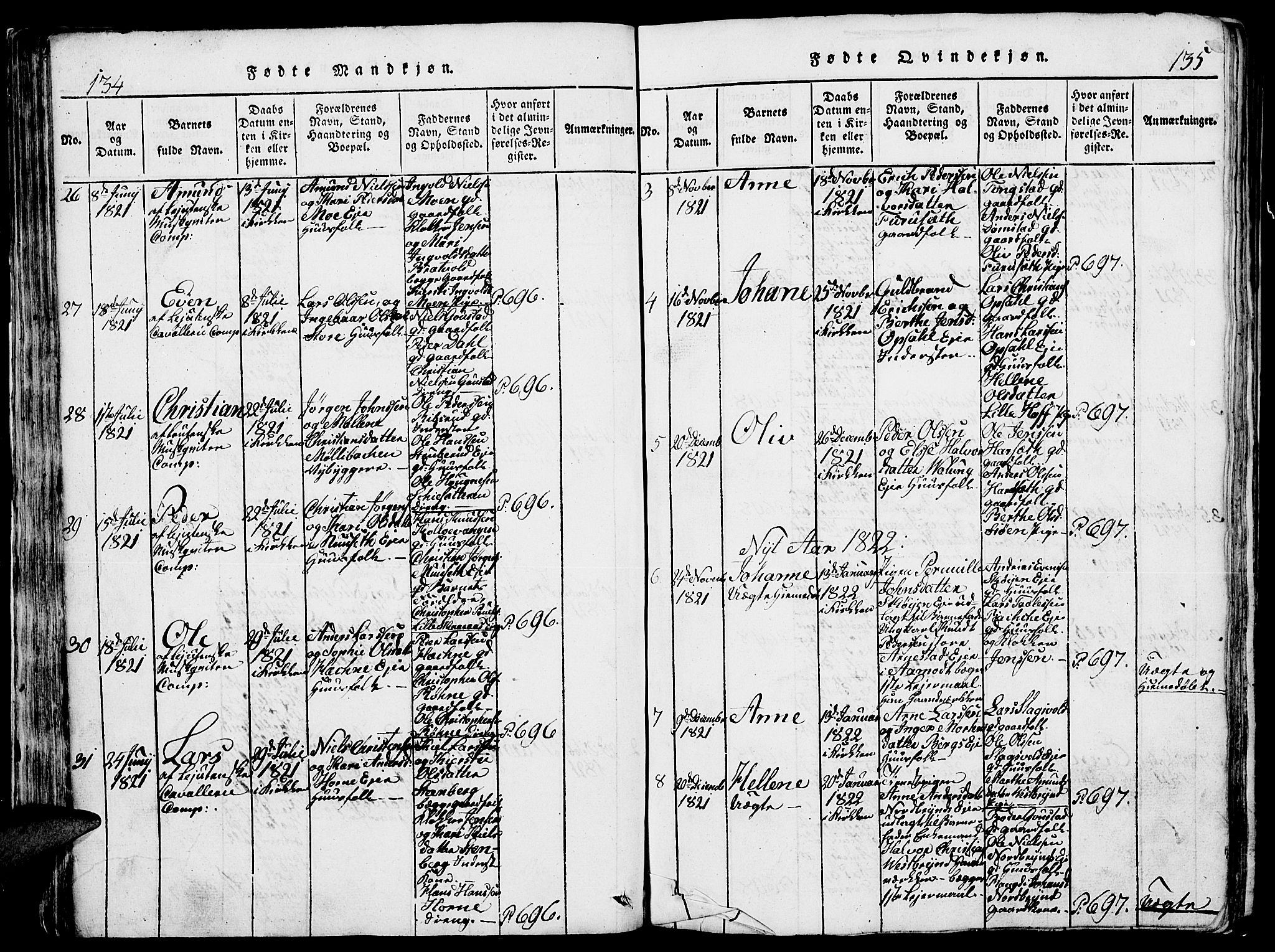 Romedal prestekontor, SAH/PREST-004/L/L0005: Parish register (copy) no. 5, 1814-1829, p. 134-135