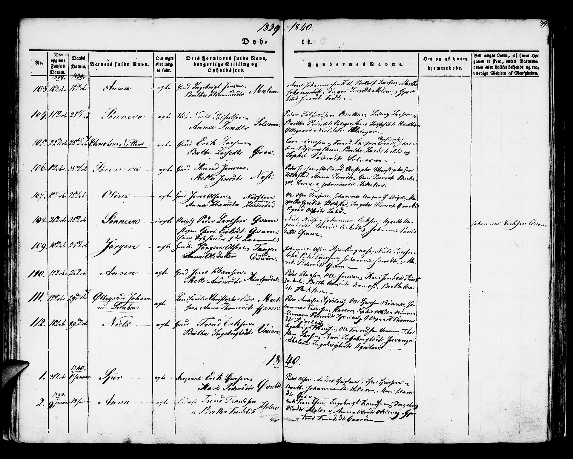 Hafslo sokneprestembete, SAB/A-80301/H/Haa/Haaa/L0005: Parish register (official) no. A 5, 1834-1852, p. 39