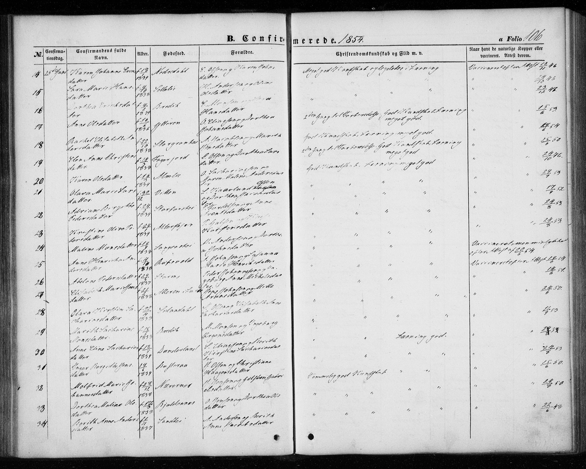 Ministerialprotokoller, klokkerbøker og fødselsregistre - Nordland, SAT/A-1459/827/L0392: Parish register (official) no. 827A04, 1853-1866, p. 106