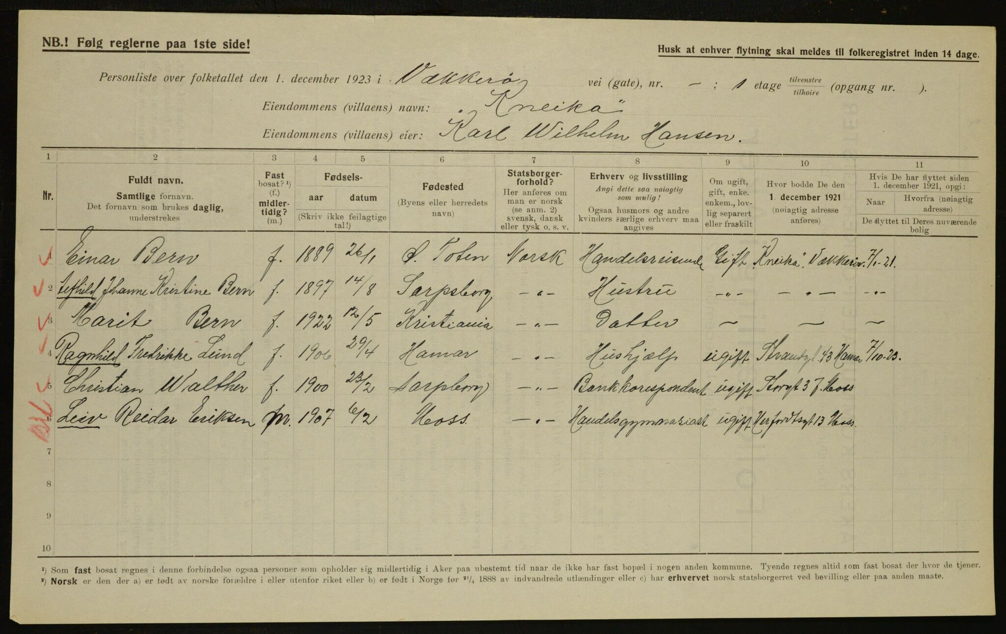 , Municipal Census 1923 for Aker, 1923, p. 6996