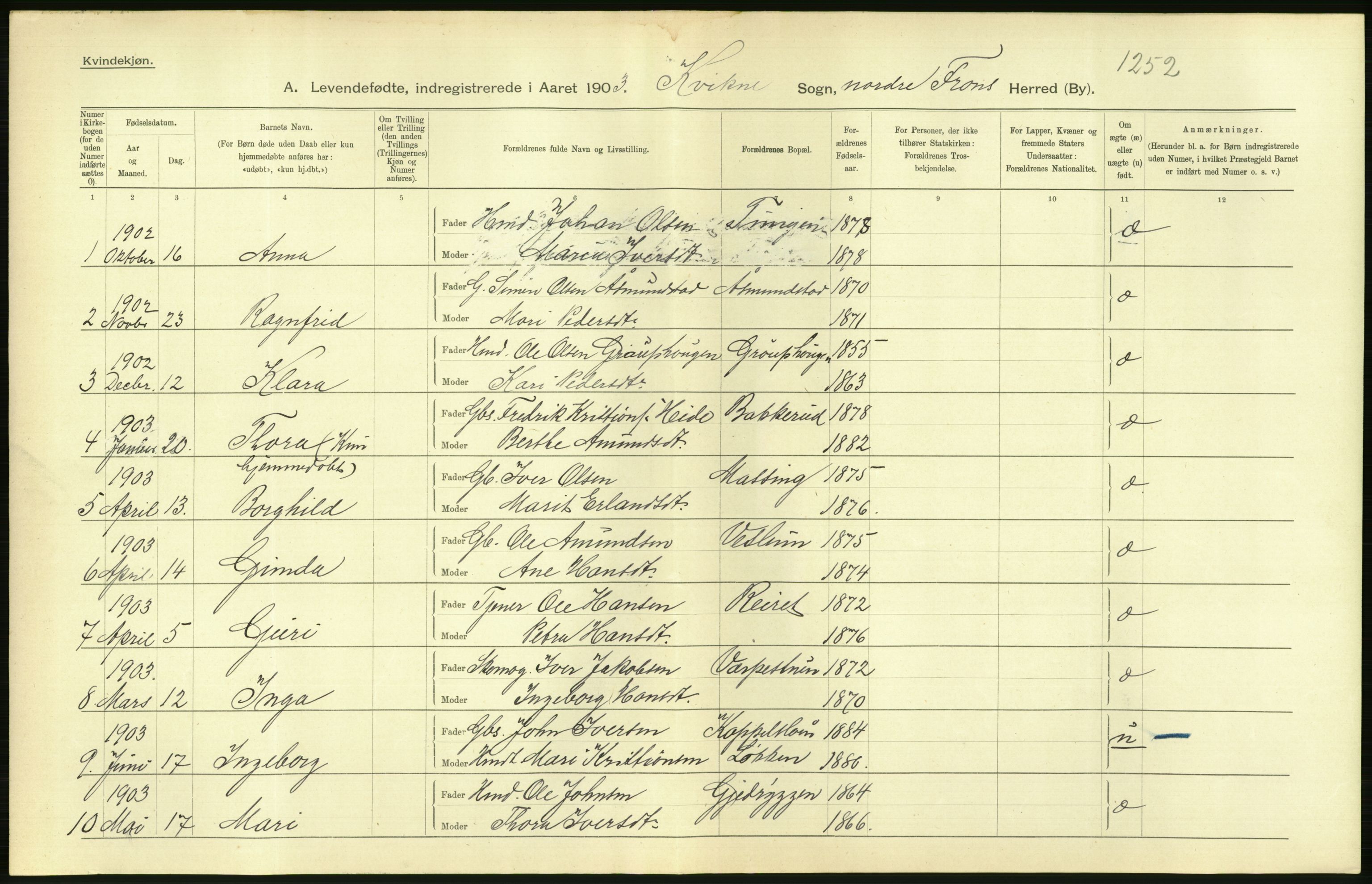 Statistisk sentralbyrå, Sosiodemografiske emner, Befolkning, AV/RA-S-2228/D/Df/Dfa/Dfaa/L0006: Kristians amt: Fødte, gifte, døde, 1903, p. 54