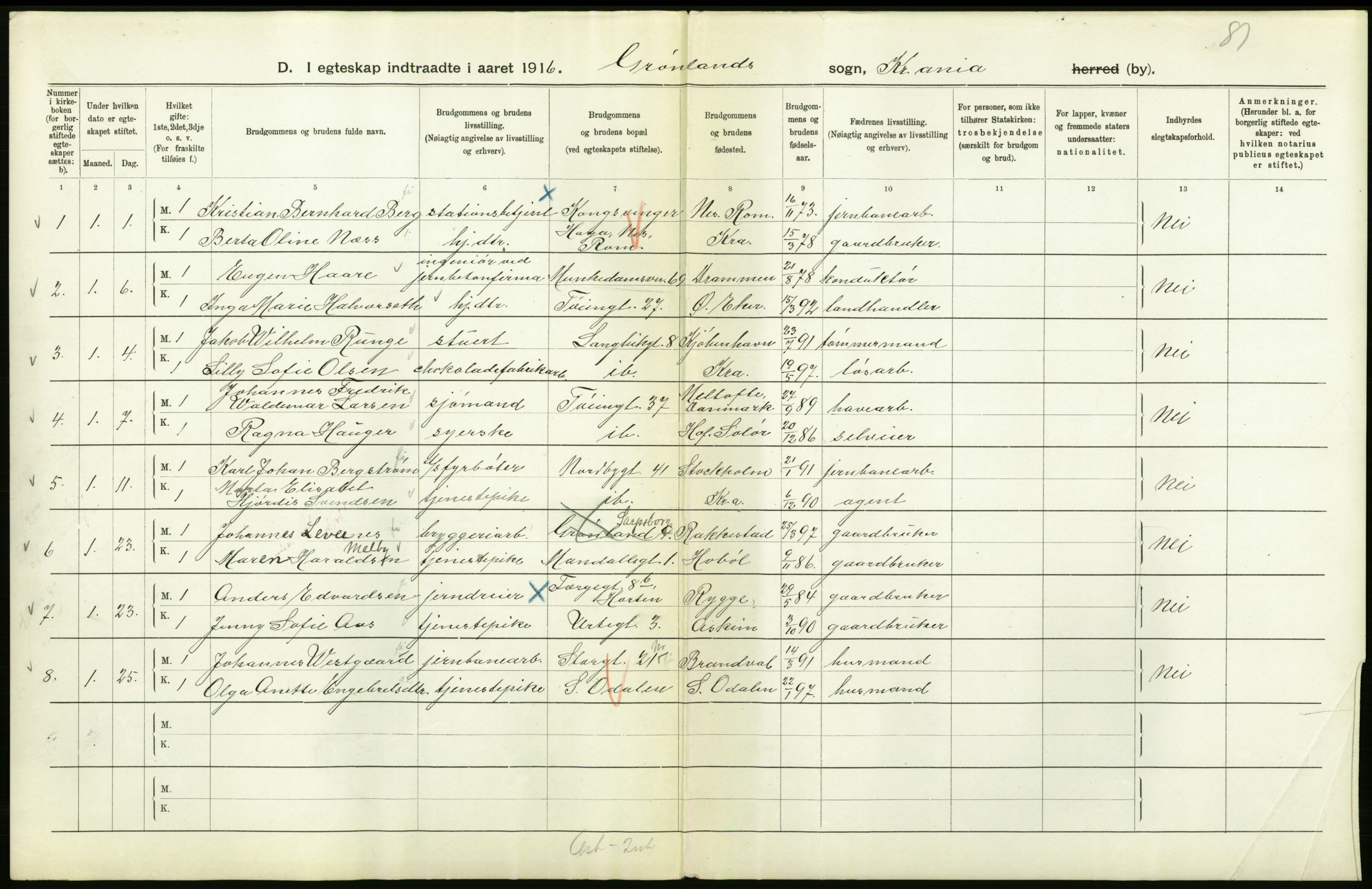 Statistisk sentralbyrå, Sosiodemografiske emner, Befolkning, AV/RA-S-2228/D/Df/Dfb/Dfbf/L0008: Kristiania: Gifte, 1916, p. 542