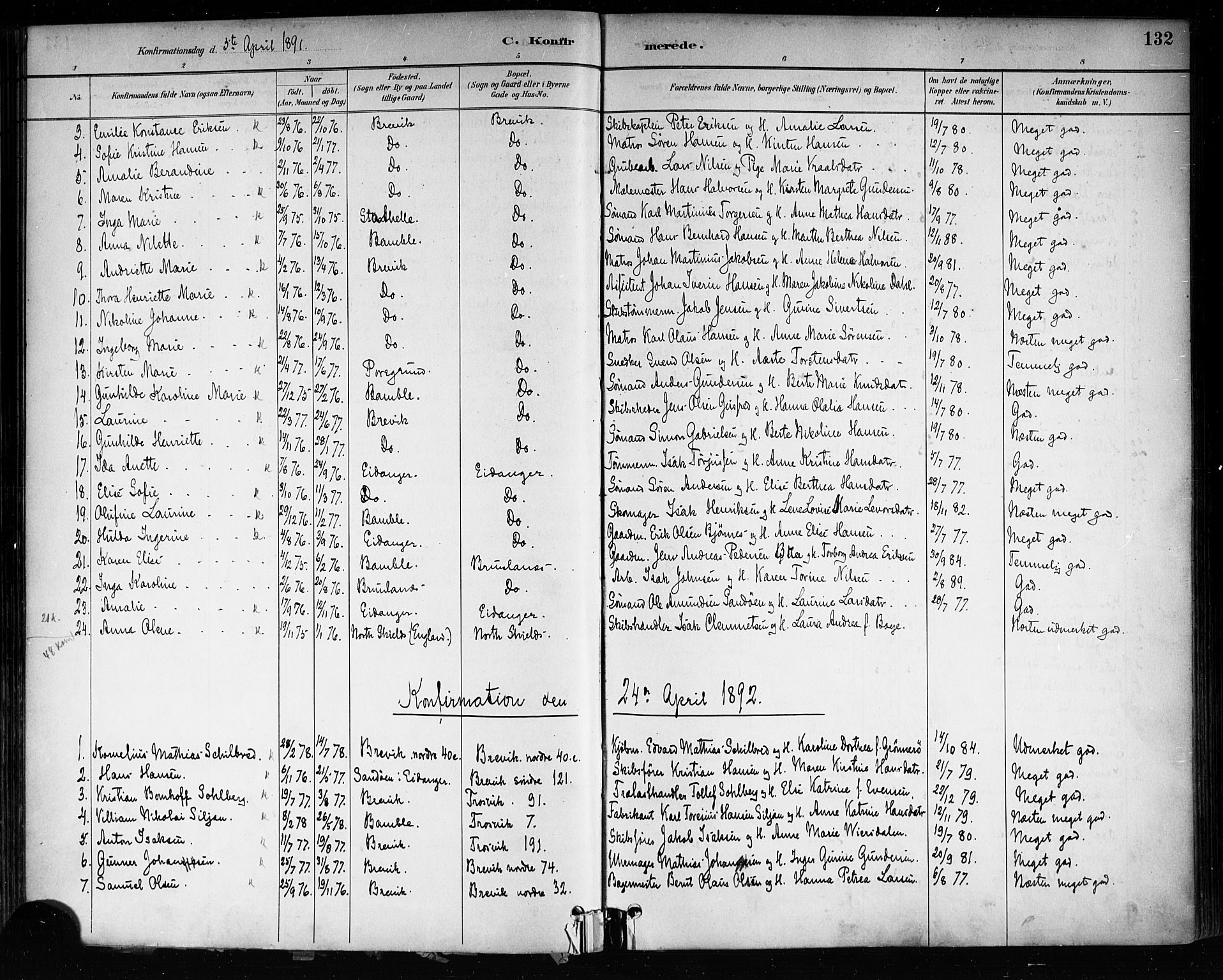 Brevik kirkebøker, SAKO/A-255/F/Fa/L0007: Parish register (official) no. 7, 1882-1900, p. 132
