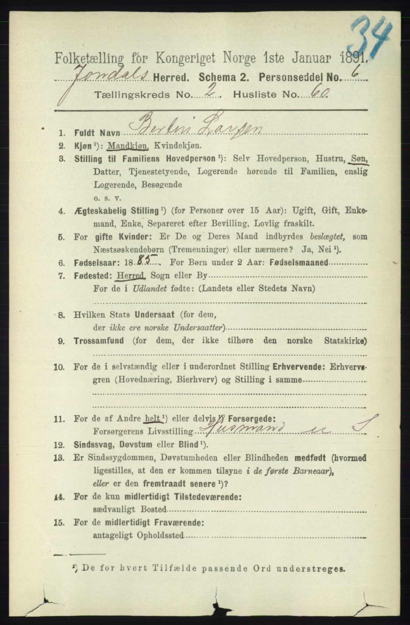 RA, 1891 census for 1227 Jondal, 1891, p. 1175