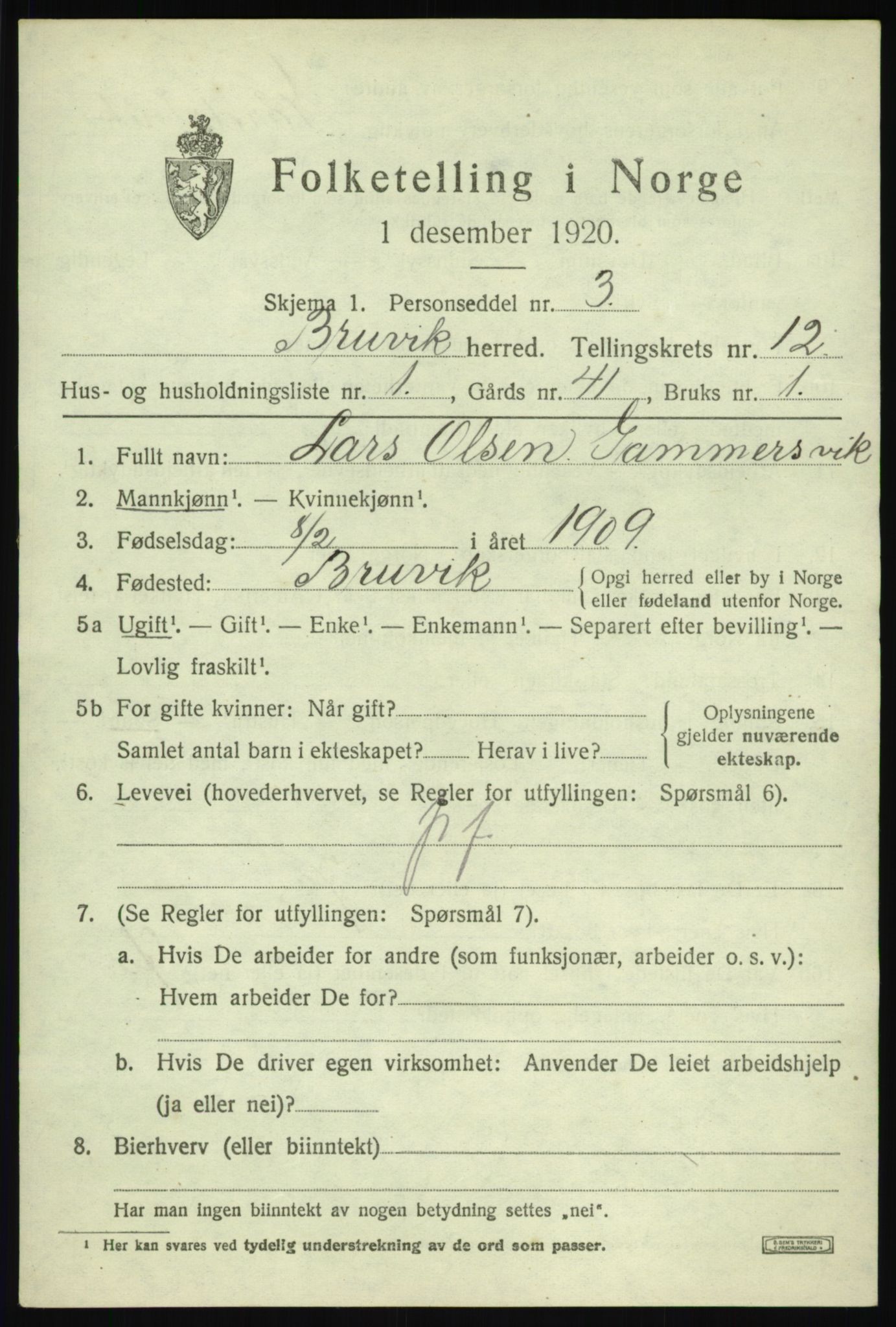 SAB, 1920 census for Bruvik, 1920, p. 7886