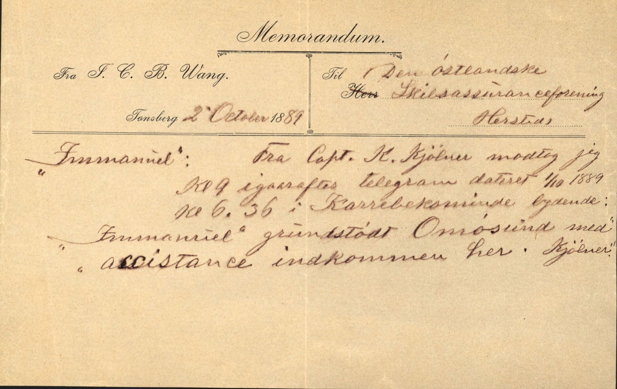 Pa 63 - Østlandske skibsassuranceforening, VEMU/A-1079/G/Ga/L0023/0008: Havaridokumenter / Immanuel, Wilhelm, Tobine, Diaz, Esmeralda, Tjømø, 1889, p. 22