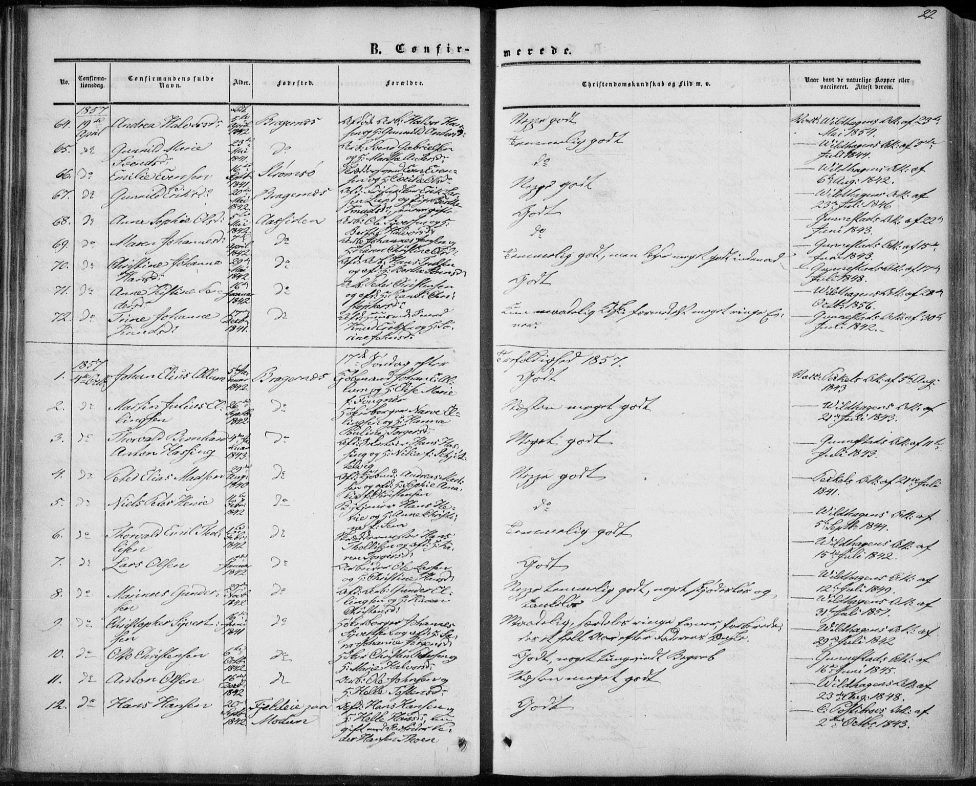 Bragernes kirkebøker, SAKO/A-6/F/Fc/L0002: Parish register (official) no. III 2, 1854-1865, p. 22