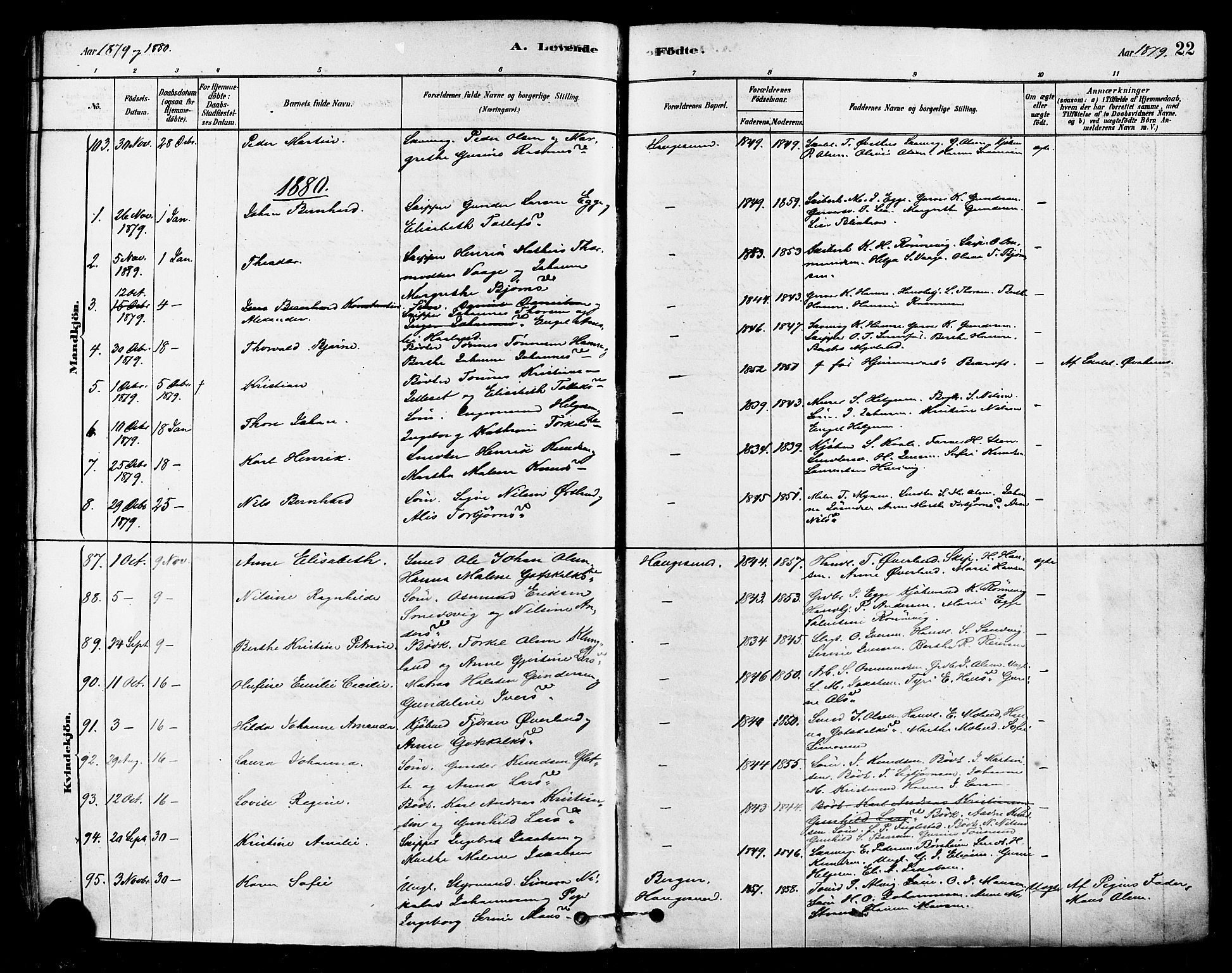 Haugesund sokneprestkontor, AV/SAST-A -101863/H/Ha/Haa/L0001: Parish register (official) no. A 1, 1878-1885, p. 22