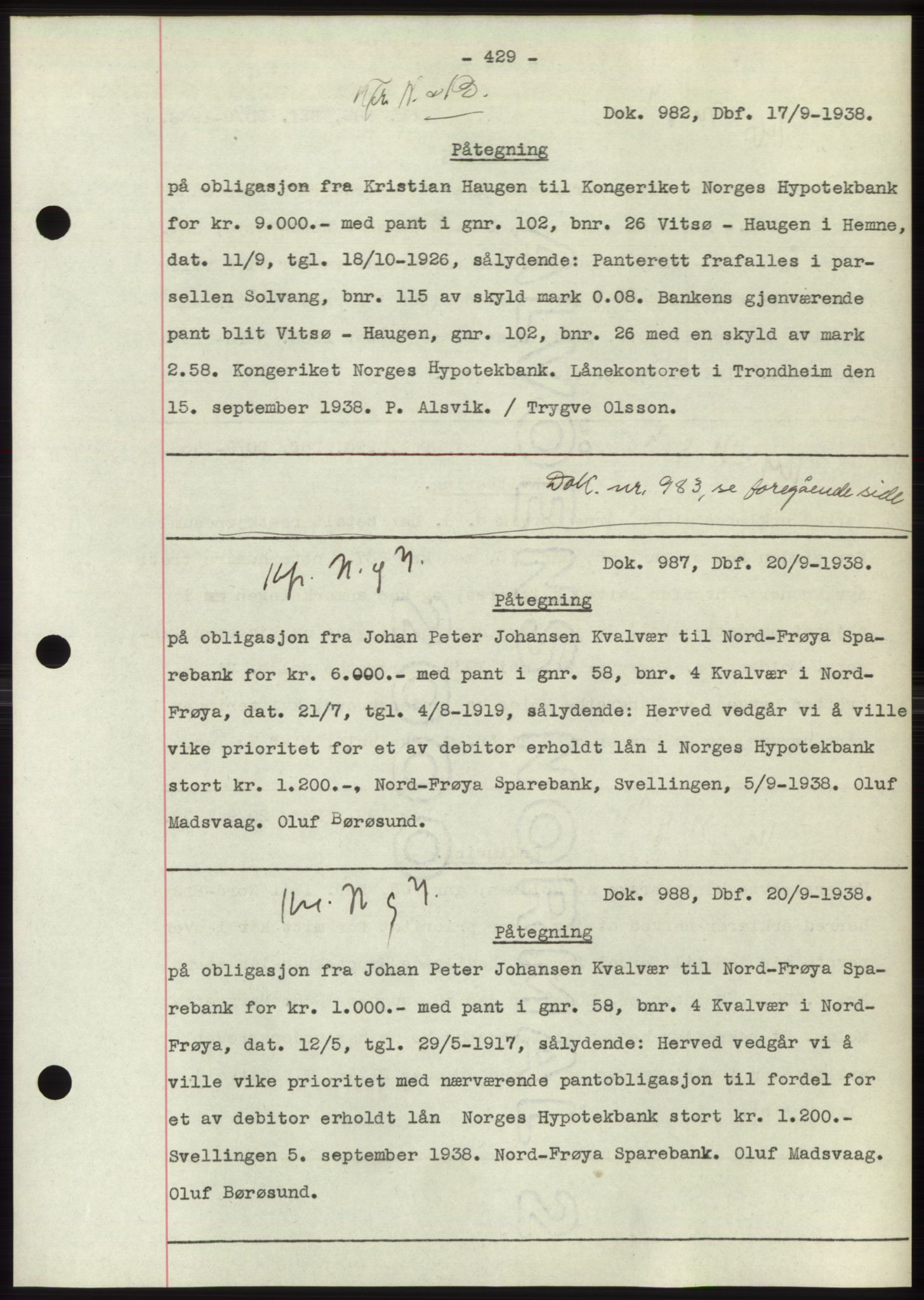 Hitra sorenskriveri, AV/SAT-A-0018/2/2C/2Ca: Mortgage book no. C1, 1936-1945, Diary no: : 987/1938