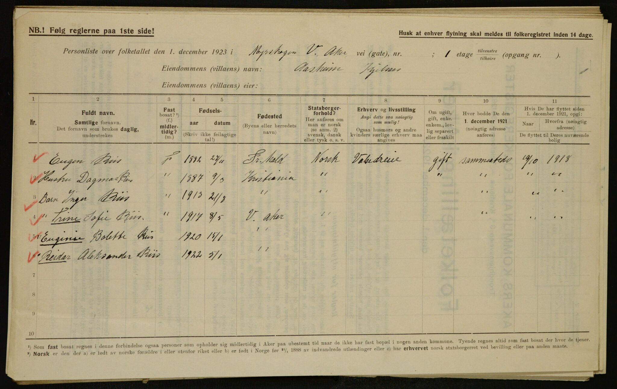 , Municipal Census 1923 for Aker, 1923, p. 15552