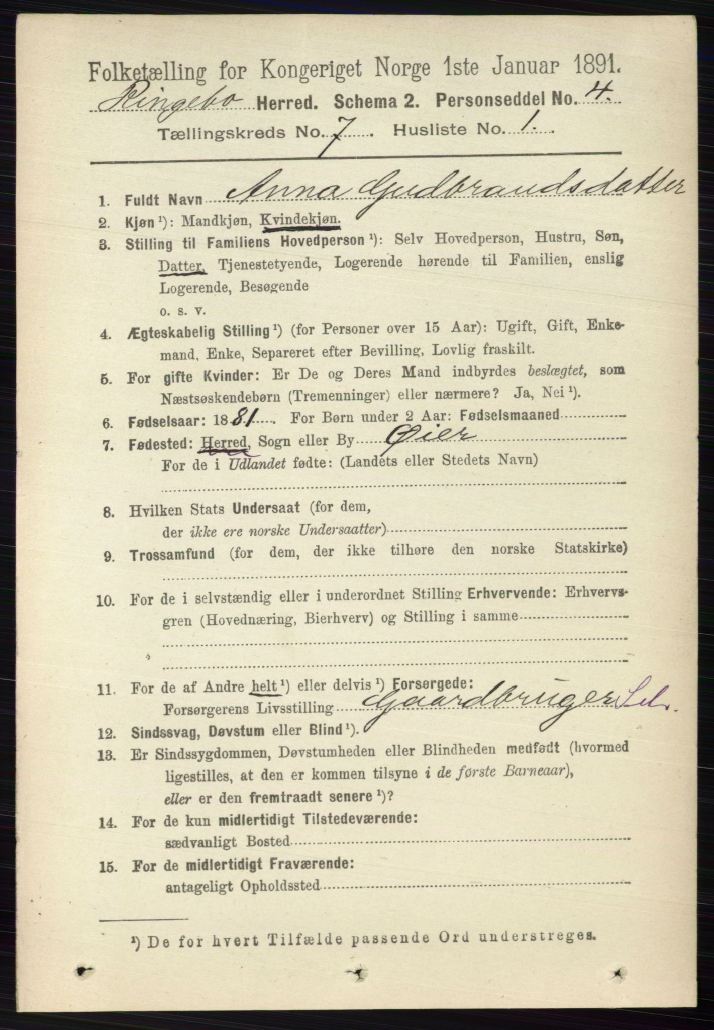 RA, 1891 census for 0520 Ringebu, 1891, p. 3038