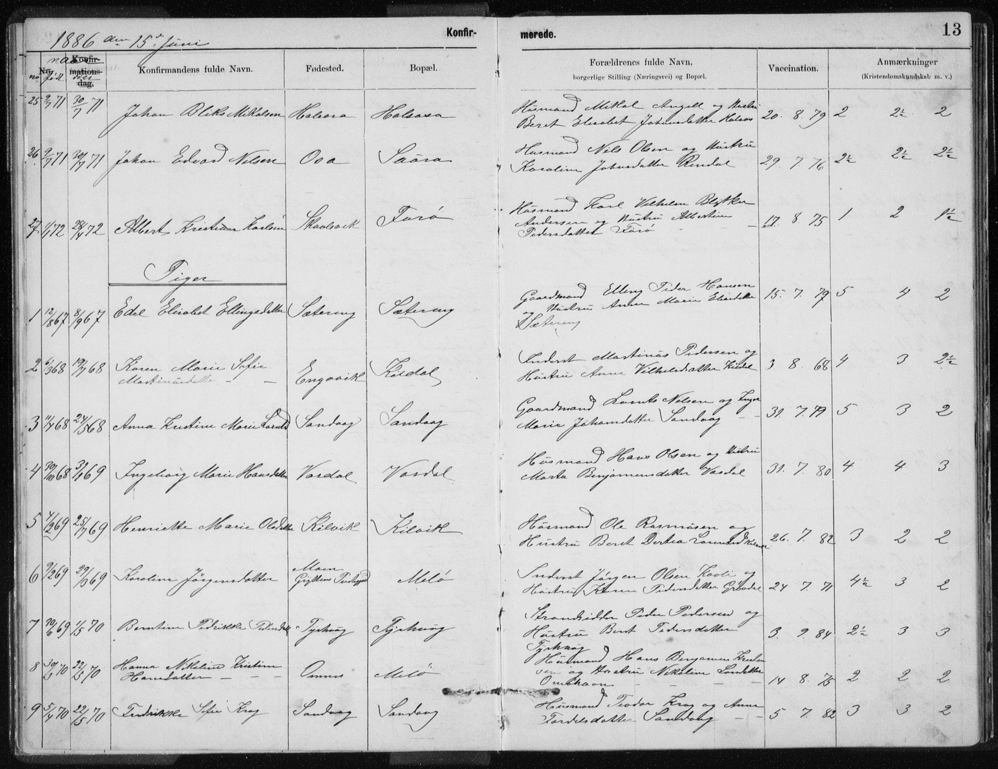 Ministerialprotokoller, klokkerbøker og fødselsregistre - Nordland, AV/SAT-A-1459/843/L0637: Parish register (copy) no. 843C06, 1884-1908, p. 13