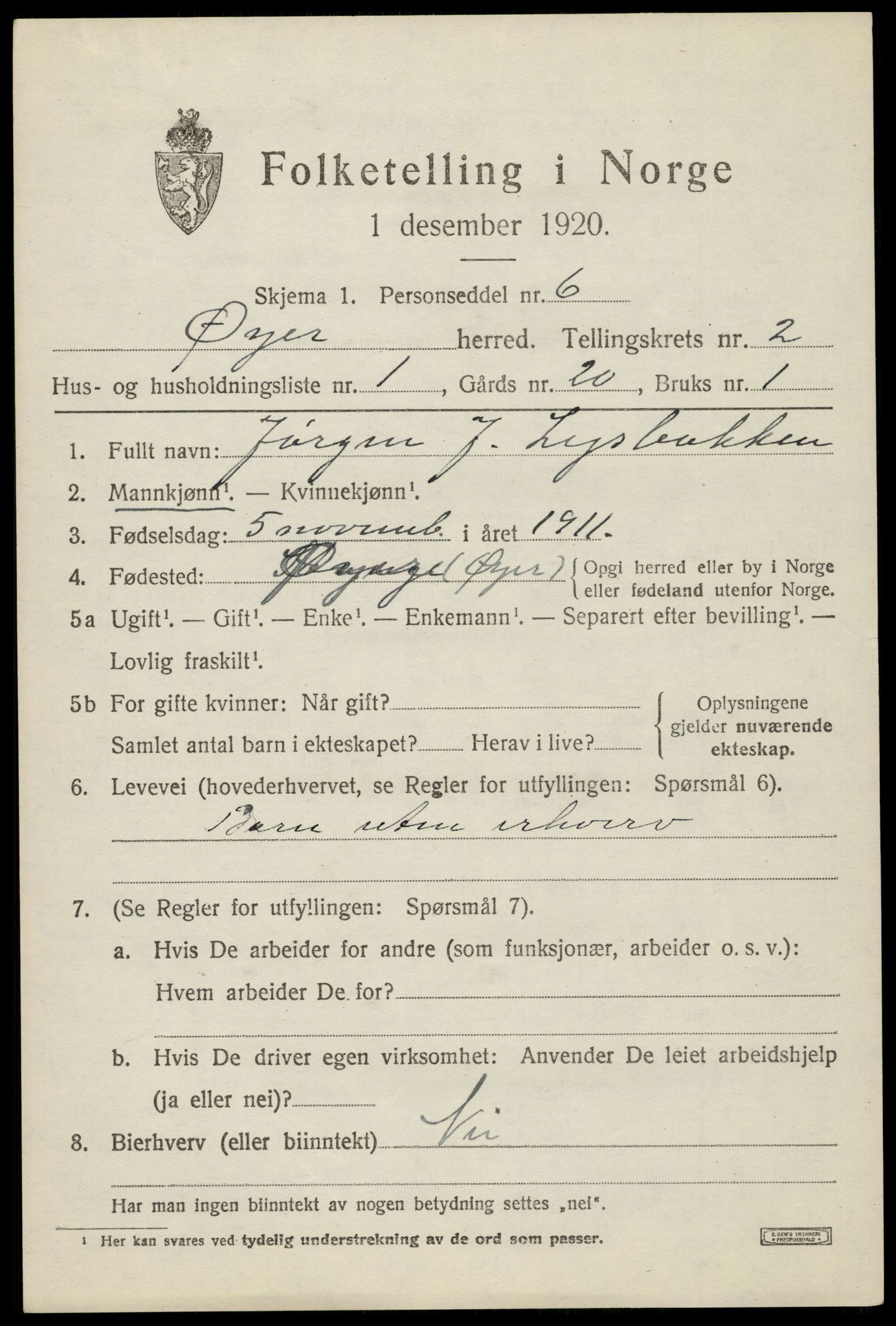 SAH, 1920 census for Øyer, 1920, p. 2139