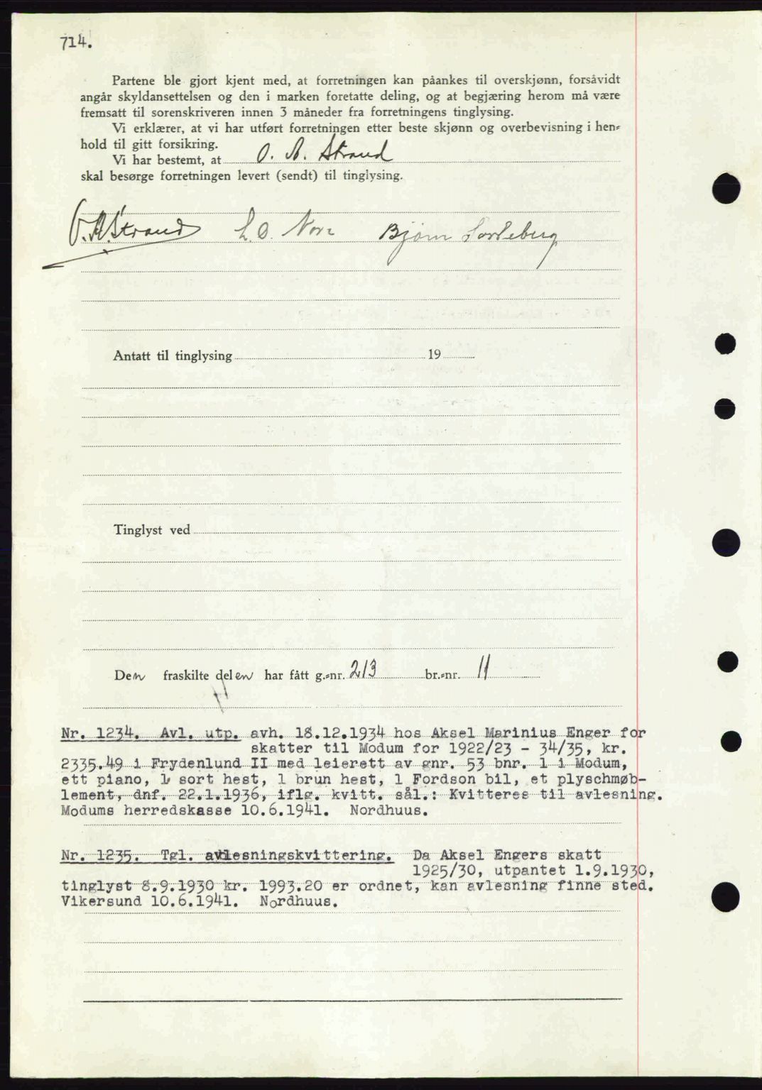 Eiker, Modum og Sigdal sorenskriveri, SAKO/A-123/G/Ga/Gab/L0043: Mortgage book no. A13, 1940-1941, Diary no: : 1234/1941