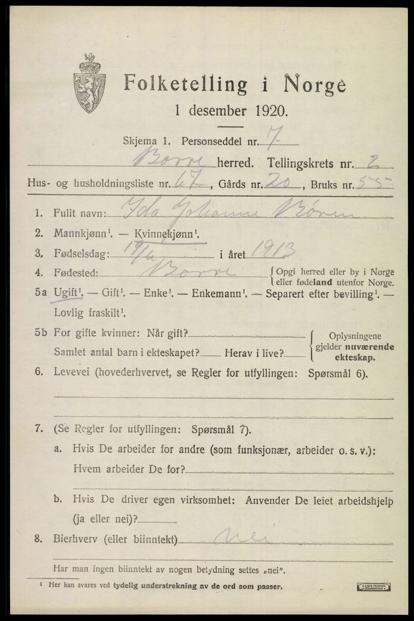 SAKO, 1920 census for Borre, 1920, p. 4956
