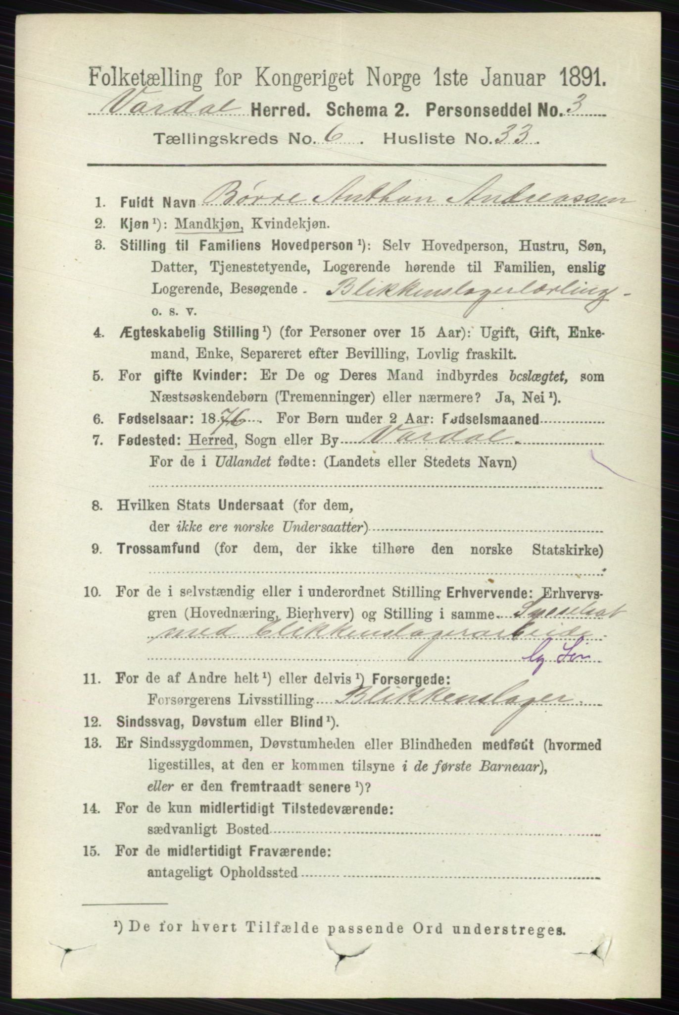 RA, 1891 census for 0527 Vardal, 1891, p. 2586