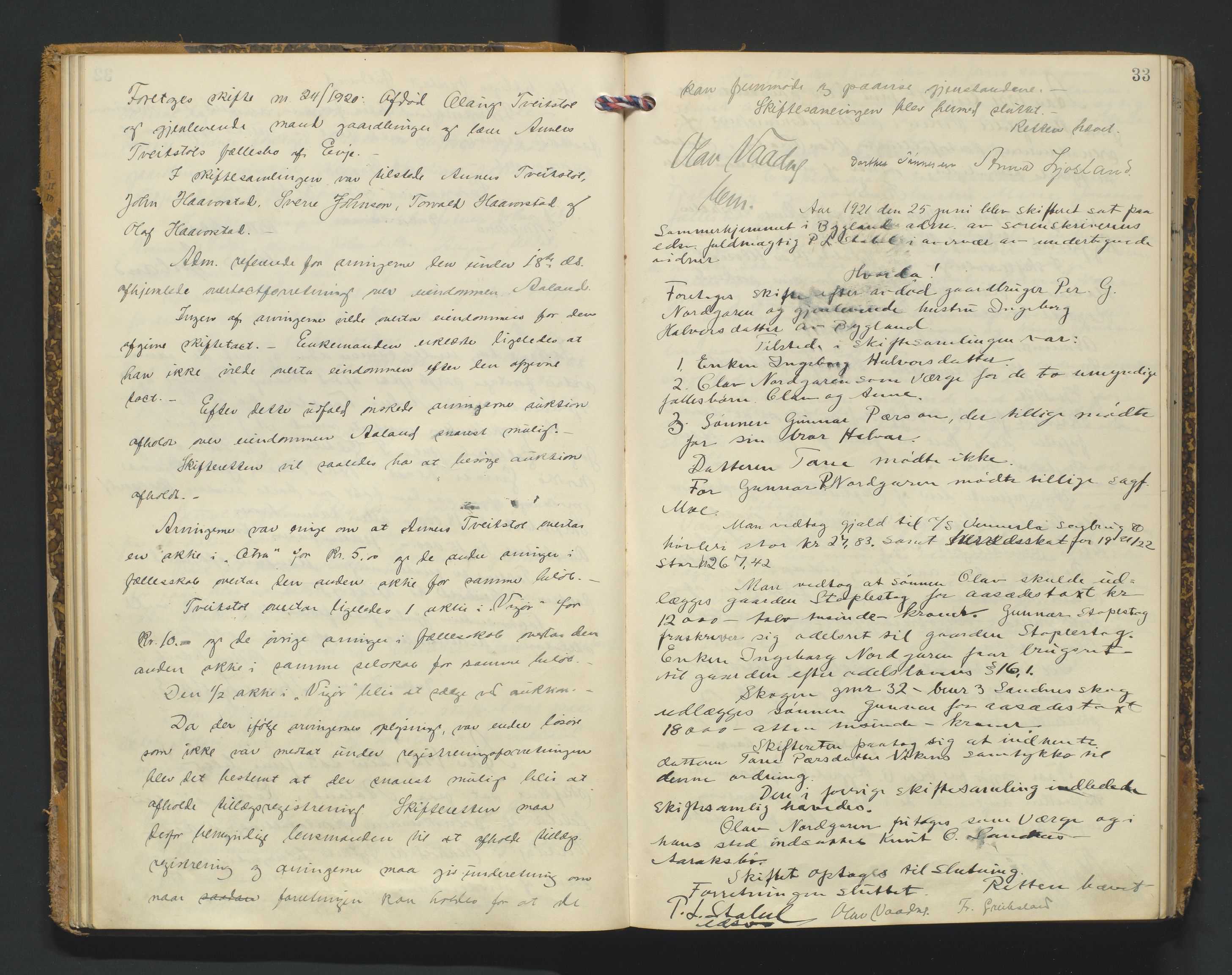 Setesdal sorenskriveri, AV/SAK-1221-0011/H/Hc/L0040: Skifteforhandlingsprotokoll nr 12, 1920-1927, p. 33