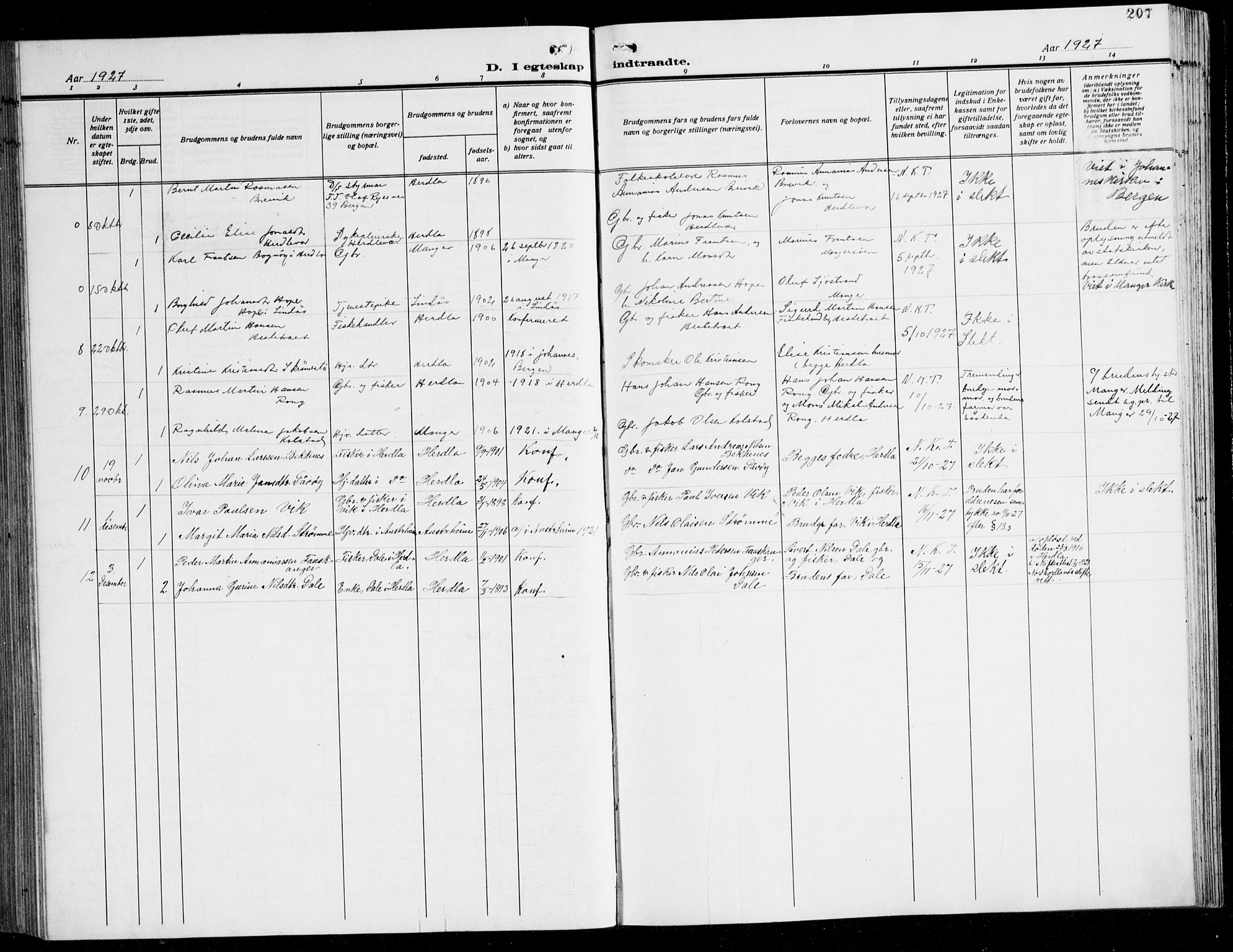 Herdla Sokneprestembete, AV/SAB-A-75701/H/Hab: Parish register (copy) no. C 3, 1926-1940, p. 207