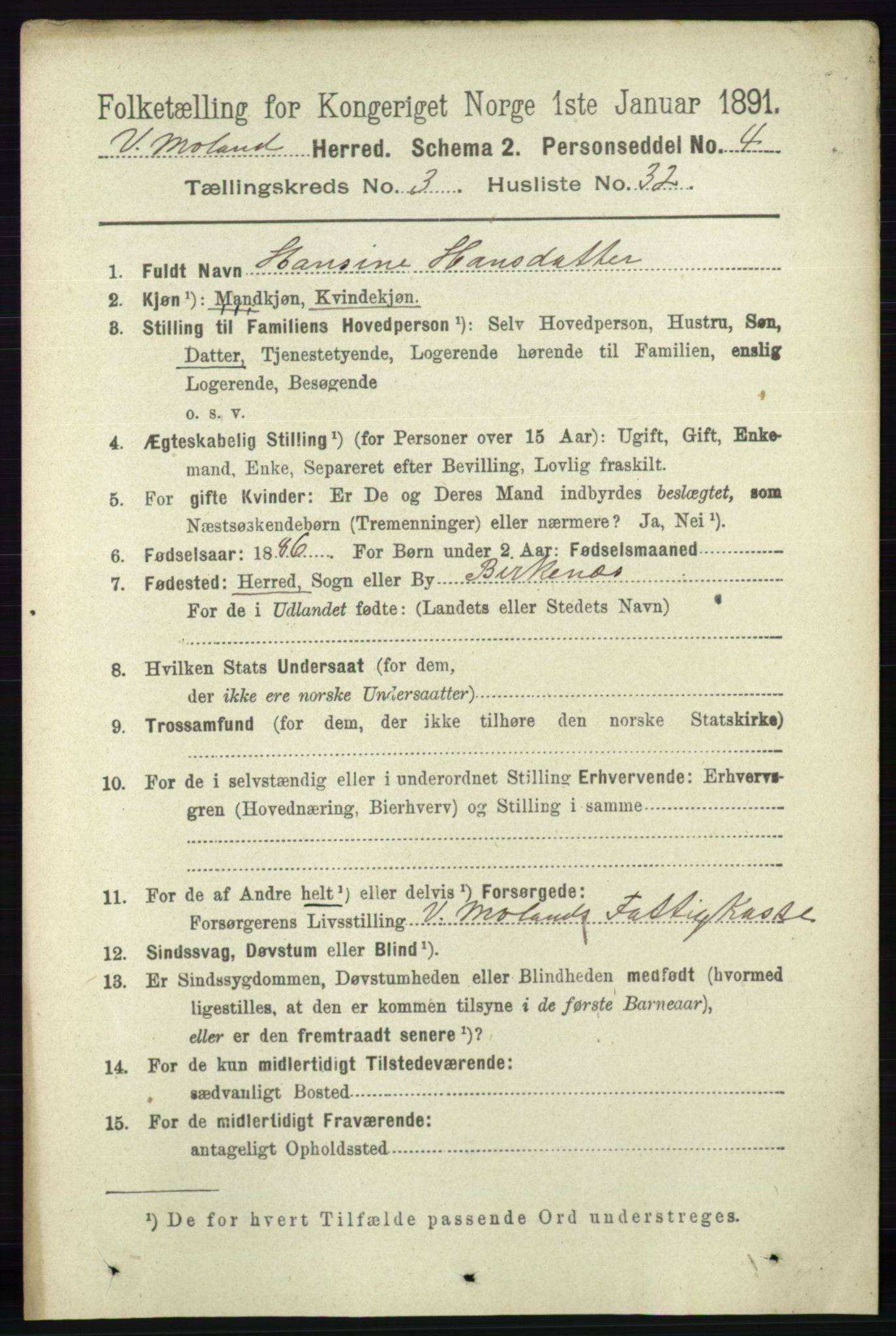 RA, 1891 census for 0926 Vestre Moland, 1891, p. 1132