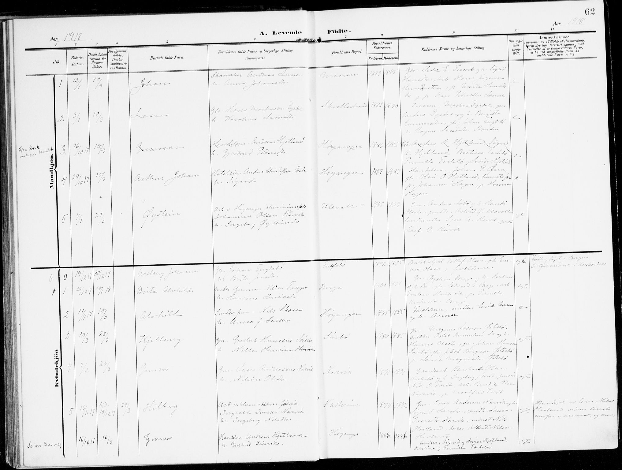 Lavik sokneprestembete, AV/SAB-A-80901: Parish register (official) no. C 2, 1904-1921, p. 62