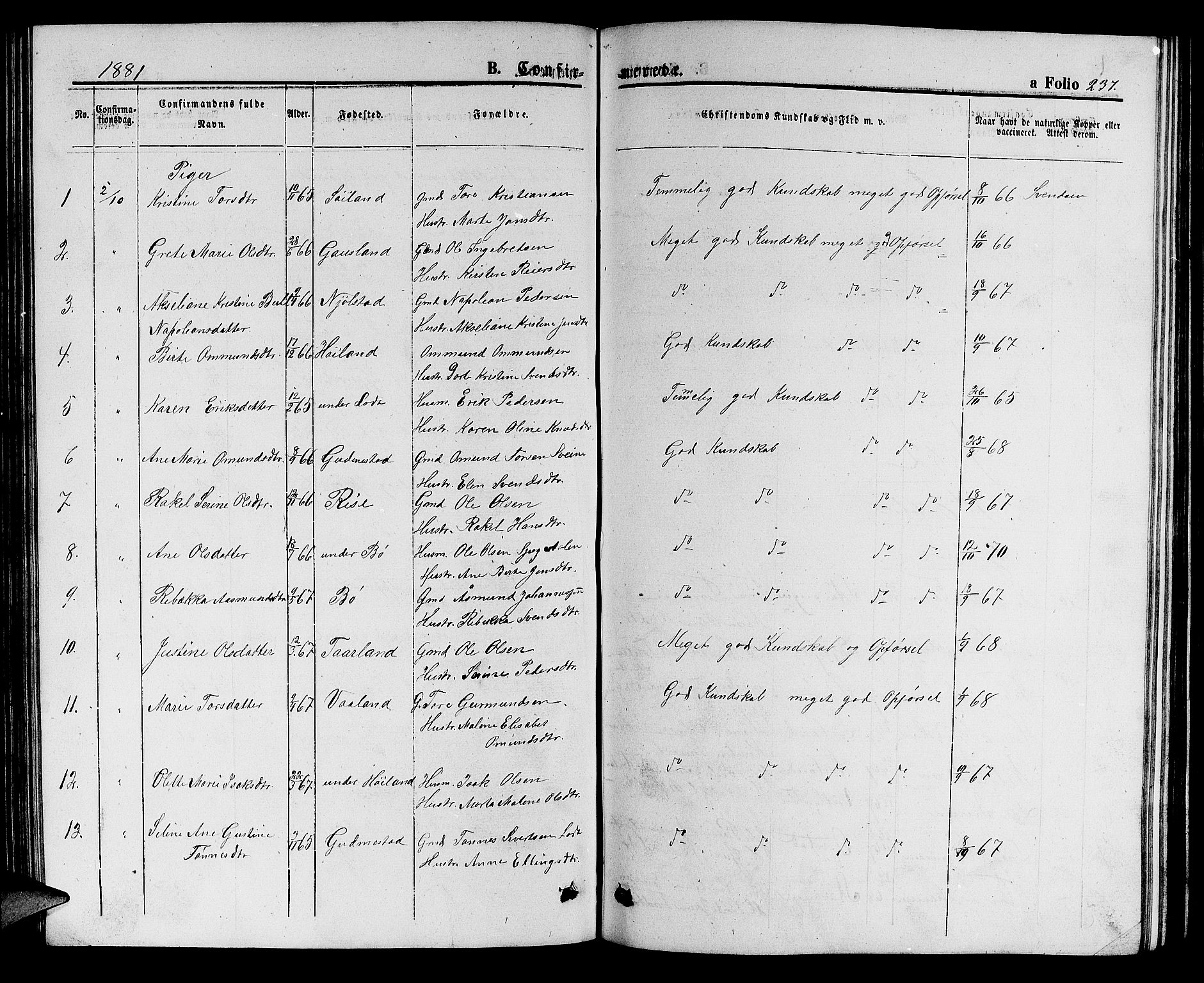 Hå sokneprestkontor, SAST/A-101801/001/30BB/L0001: Parish register (copy) no. B 1, 1854-1883, p. 237