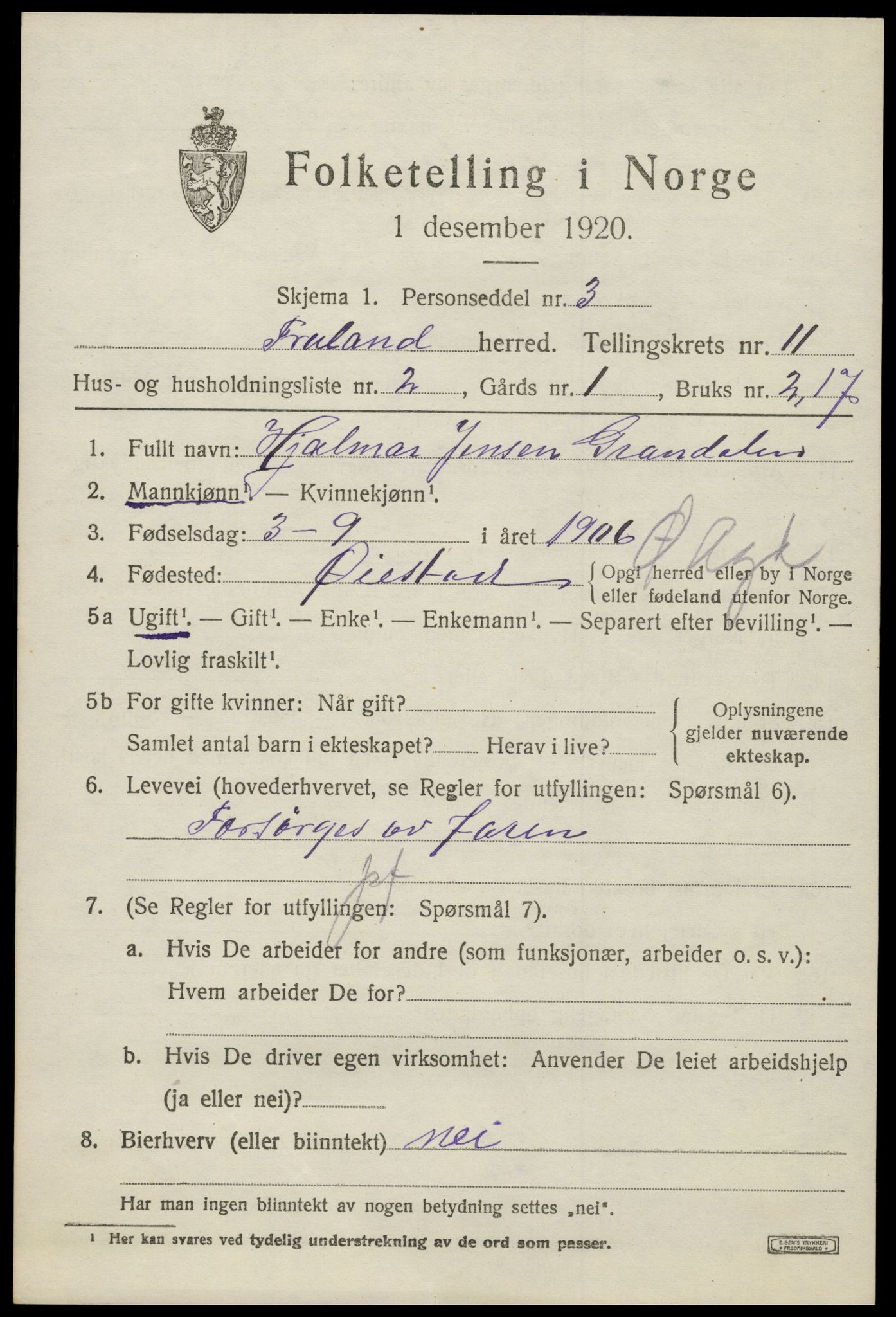 SAK, 1920 census for Froland, 1920, p. 5685