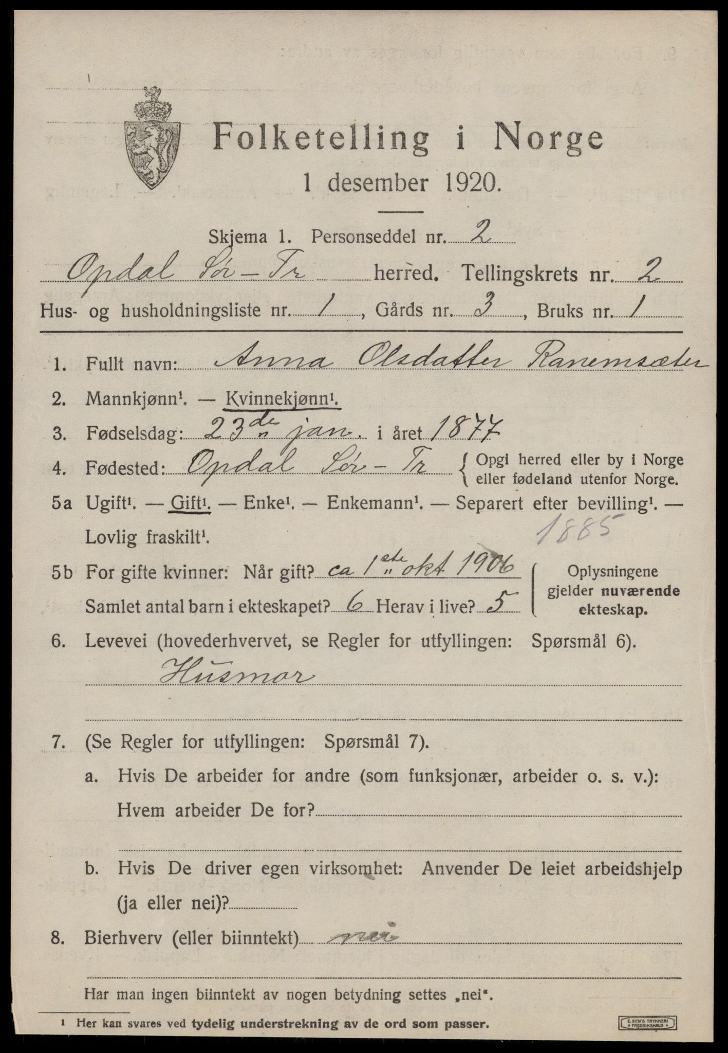 SAT, 1920 census for Oppdal, 1920, p. 2399