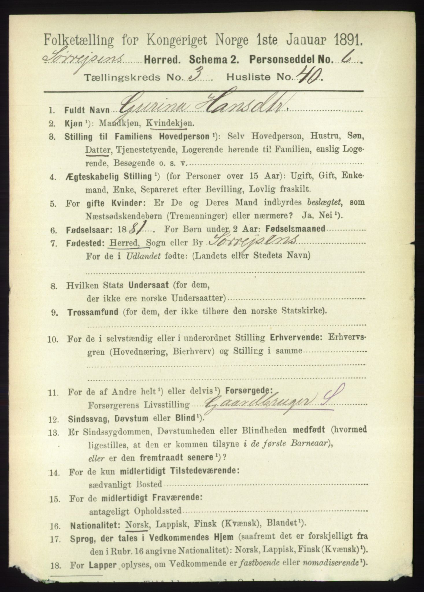 RA, 1891 census for 1925 Sørreisa, 1891, p. 1010