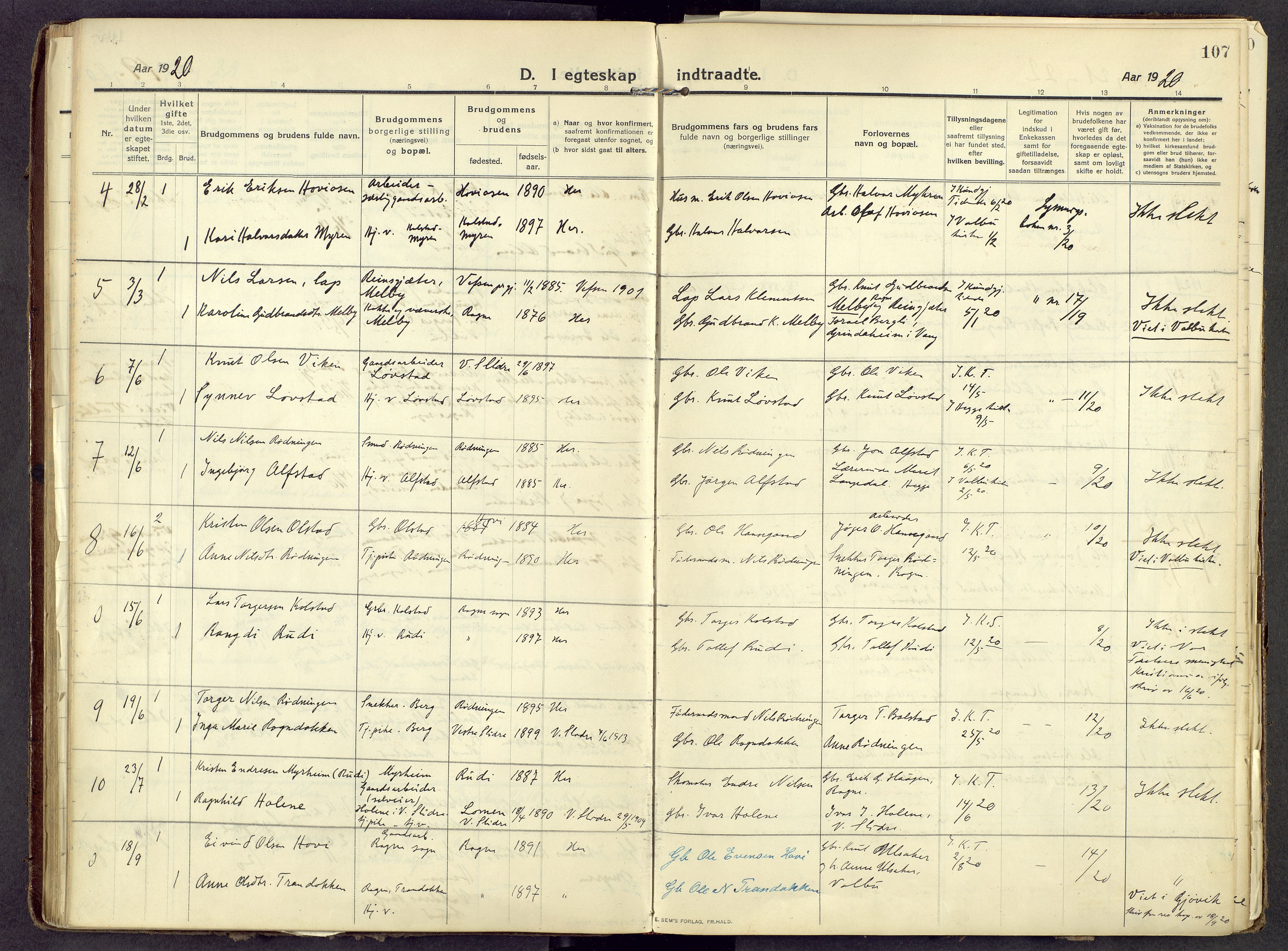 Øystre Slidre prestekontor, AV/SAH-PREST-138/H/Ha/Haa/L0006: Parish register (official) no. 6, 1911-1931, p. 107