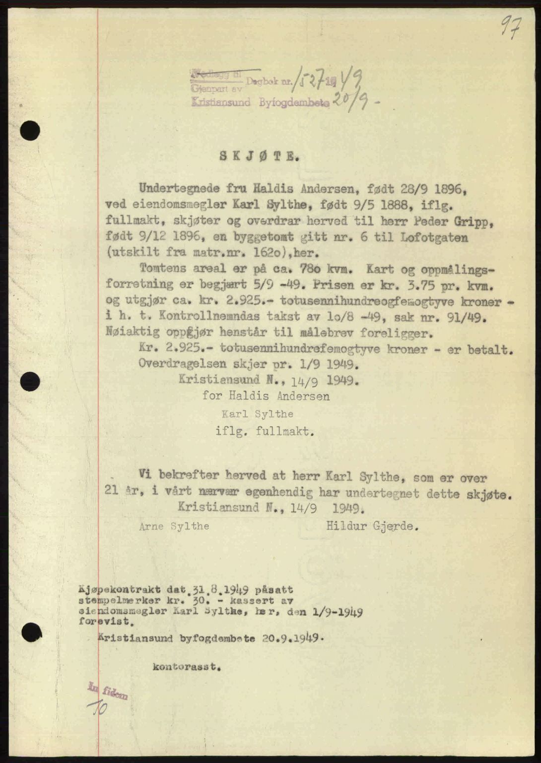Kristiansund byfogd, AV/SAT-A-4587/A/27: Mortgage book no. 46, 1949-1950, Diary no: : 1527/1949