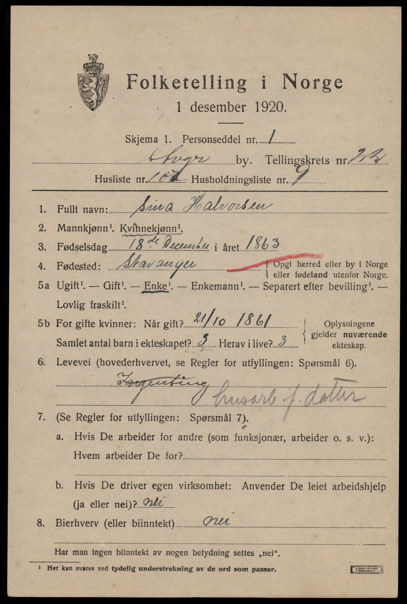 SAST, 1920 census for Stavanger, 1920, p. 75208