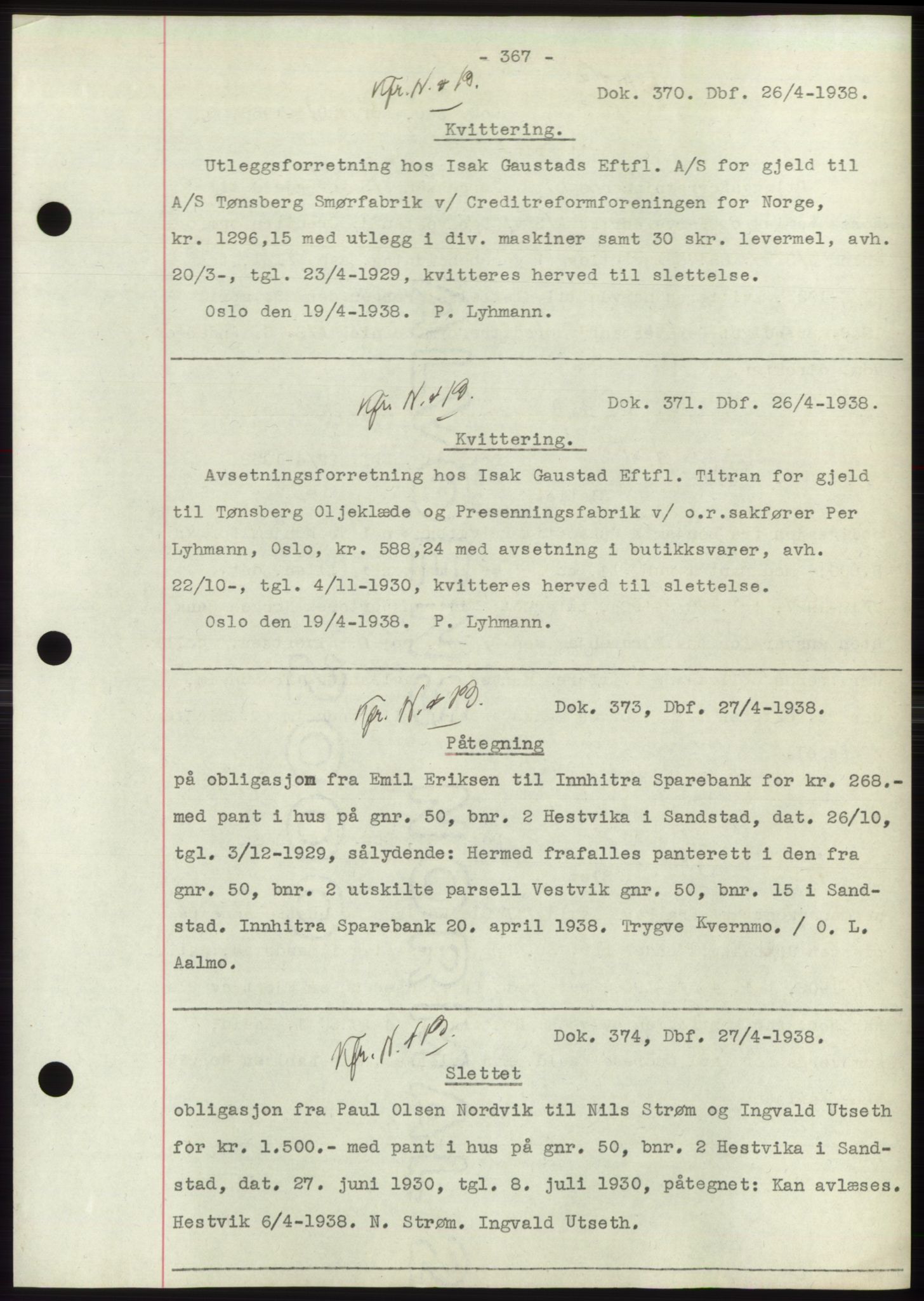 Hitra sorenskriveri, AV/SAT-A-0018/2/2C/2Ca: Mortgage book no. C1, 1936-1945, Diary no: : 370/1938