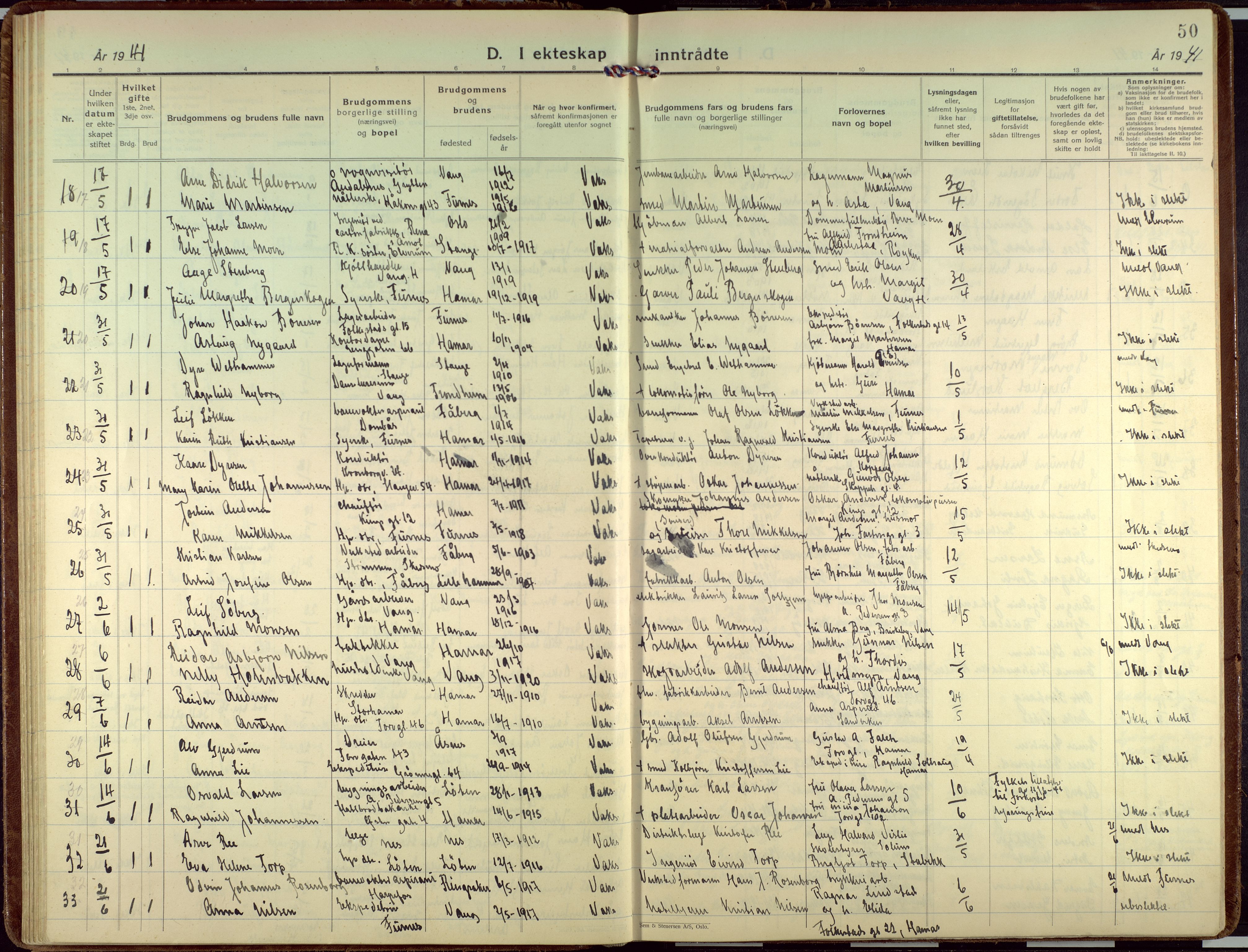 Hamar prestekontor, AV/SAH-DOMPH-002/H/Ha/Haa/L0006: Parish register (official) no. 6, 1931-1953, p. 50