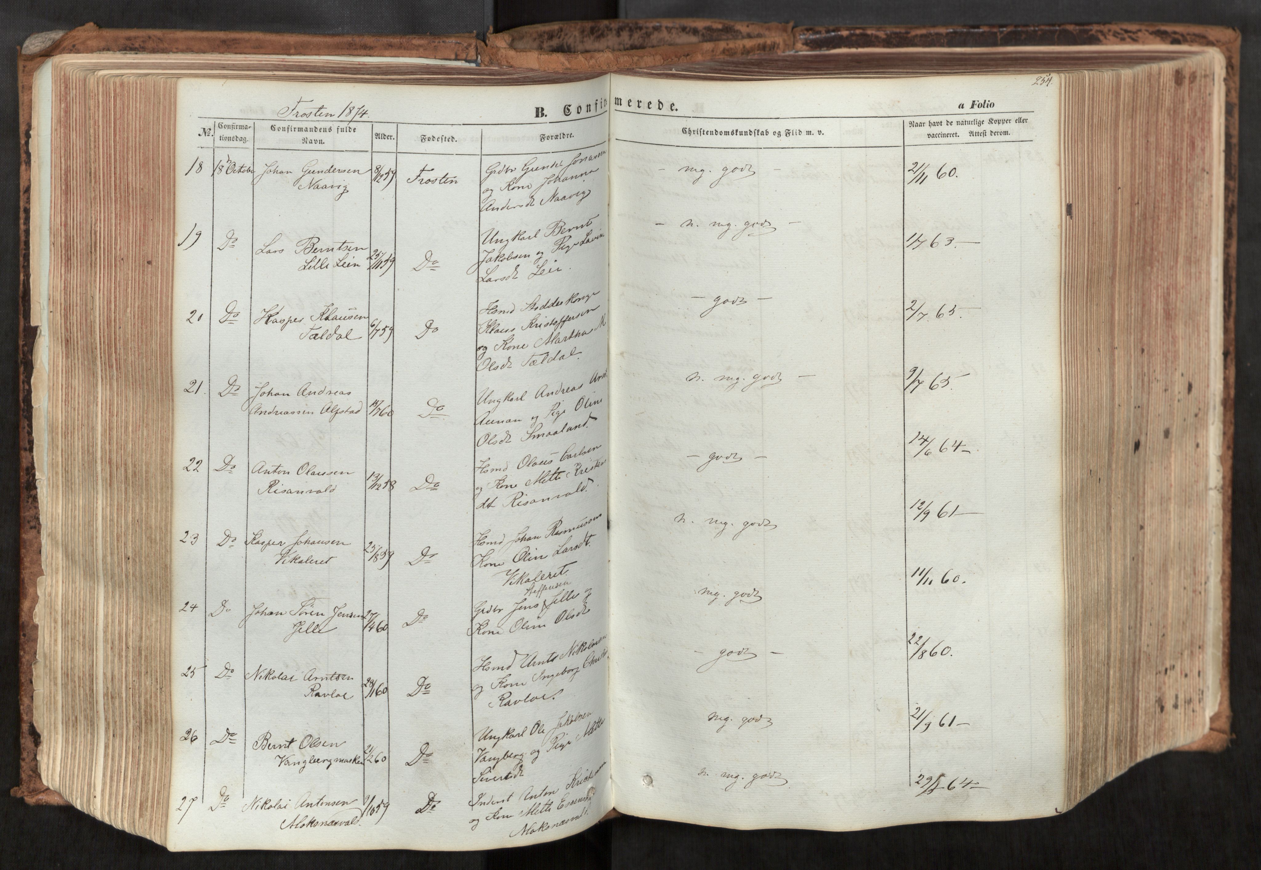 Ministerialprotokoller, klokkerbøker og fødselsregistre - Nord-Trøndelag, SAT/A-1458/713/L0116: Parish register (official) no. 713A07, 1850-1877, p. 254