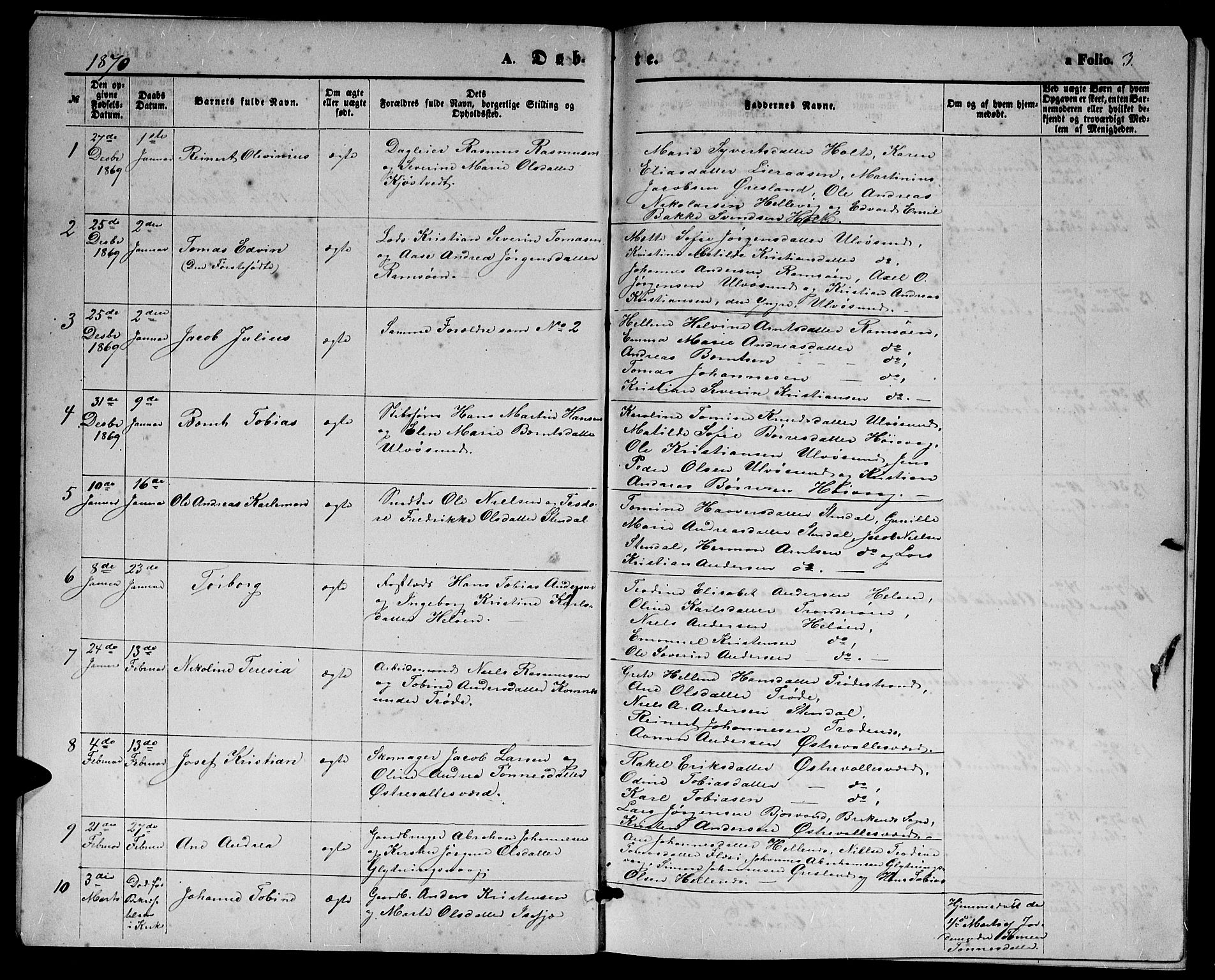 Høvåg sokneprestkontor, AV/SAK-1111-0025/F/Fb/L0003: Parish register (copy) no. B 3, 1870-1882, p. 3
