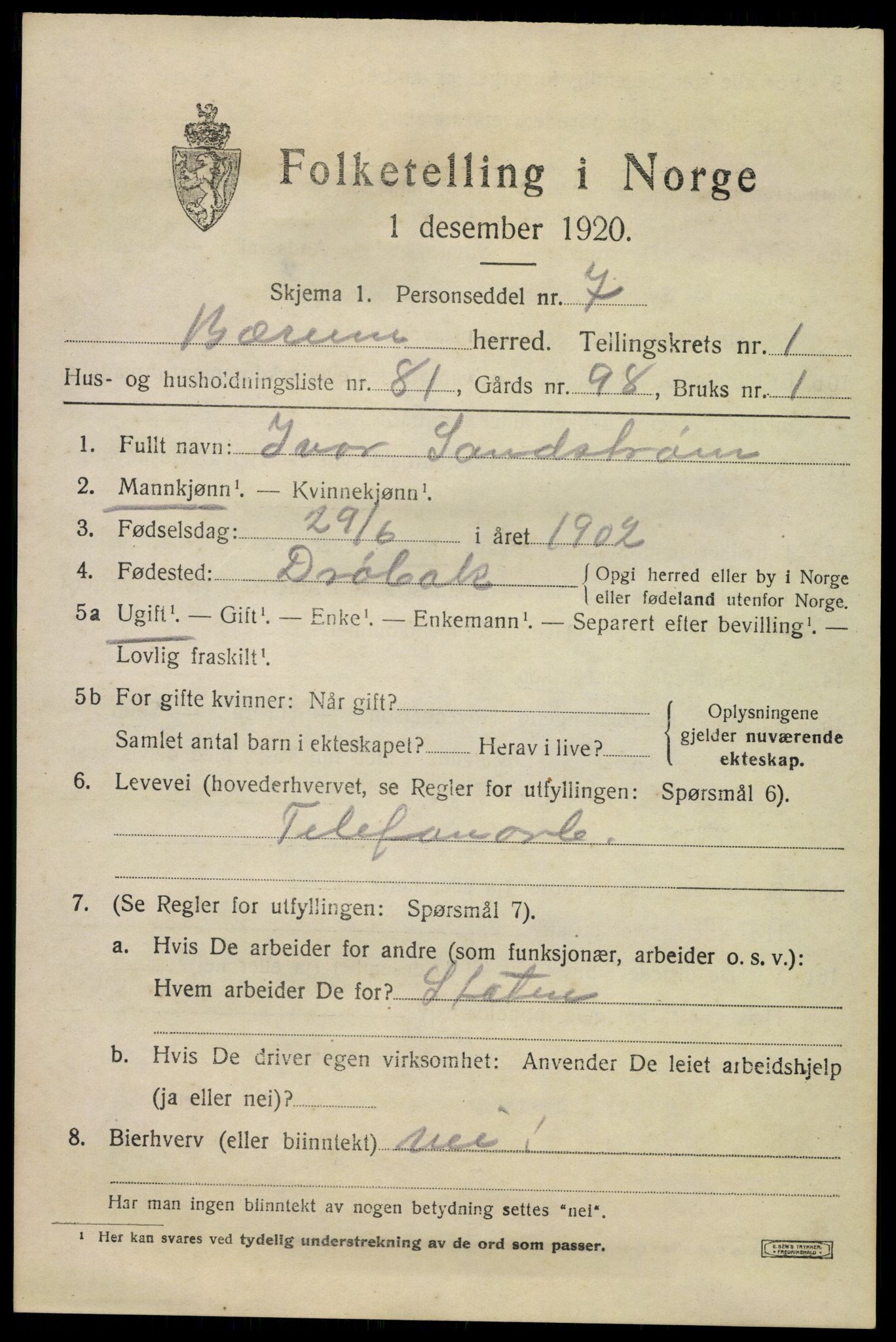 SAO, 1920 census for Bærum, 1920, p. 6126