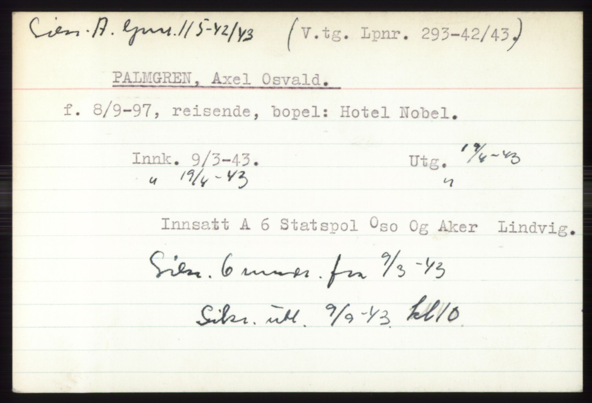 Statspolitiet - Hovedkontoret / Osloavdelingen, AV/RA-S-1329/C/Ck/Cke/L0004: Fangeregister; etternavn L - R, 1941-1945, p. 610