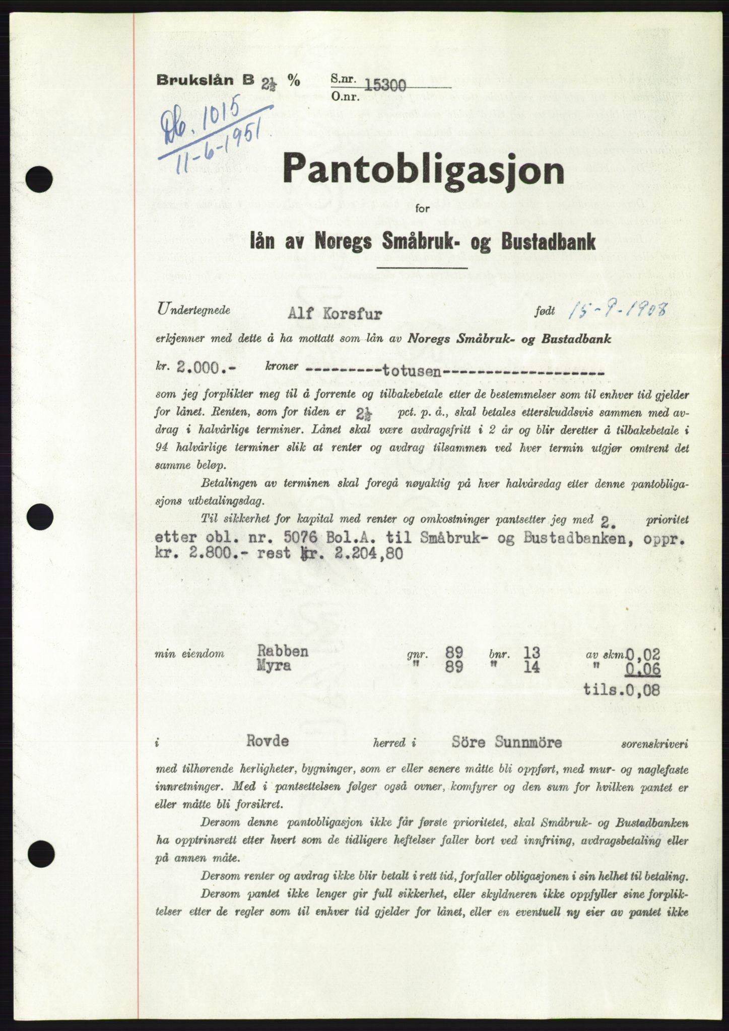 Søre Sunnmøre sorenskriveri, AV/SAT-A-4122/1/2/2C/L0120: Mortgage book no. 8B, 1951-1951, Diary no: : 1015/1951