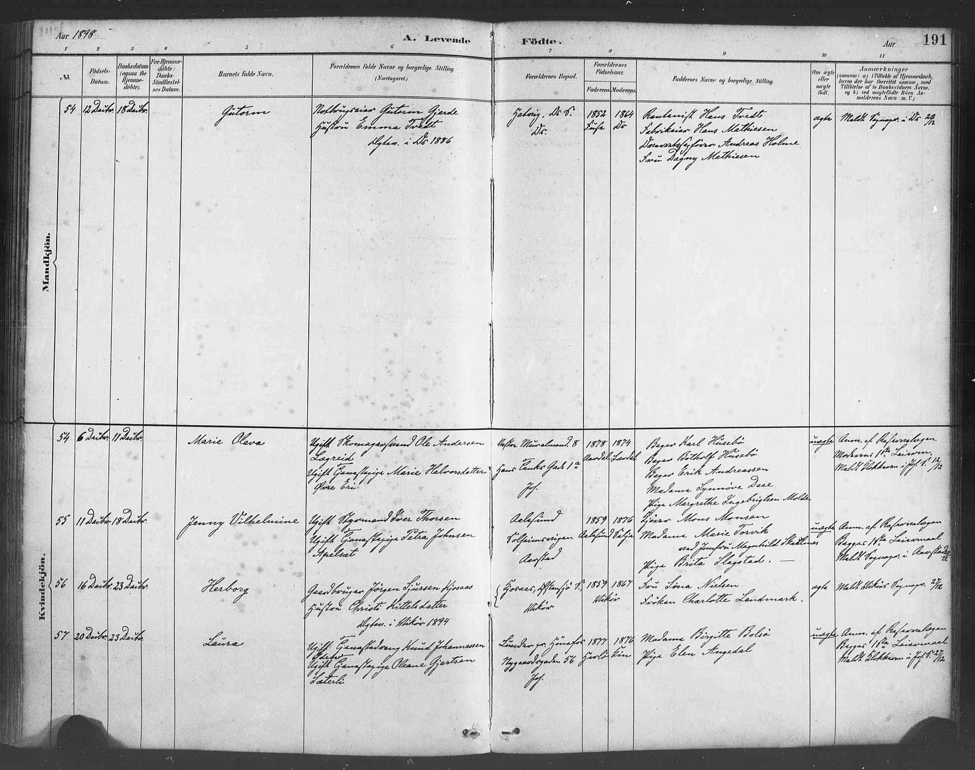 Fødselsstiftelsens sokneprestembete*, SAB/-: Parish register (official) no. A 2, 1884-1900, p. 191