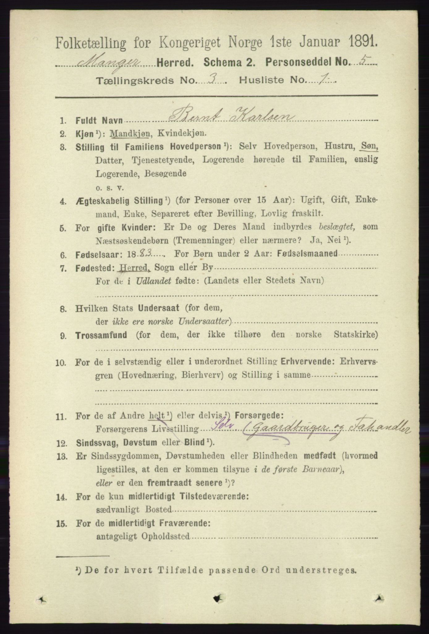 RA, 1891 census for 1261 Manger, 1891, p. 1412