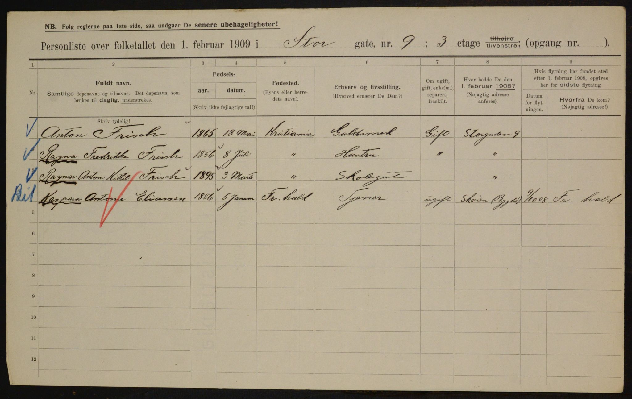 OBA, Municipal Census 1909 for Kristiania, 1909, p. 93054