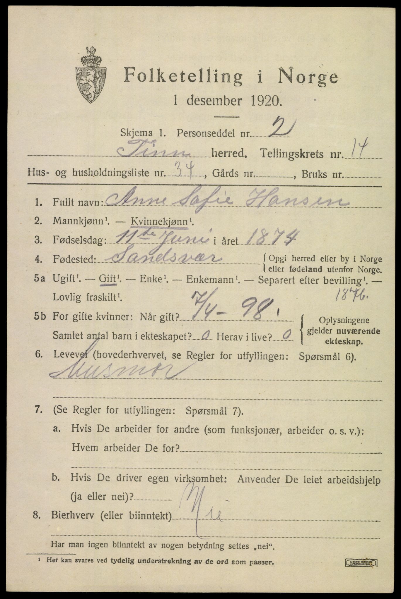 SAKO, 1920 census for Tinn, 1920, p. 9636