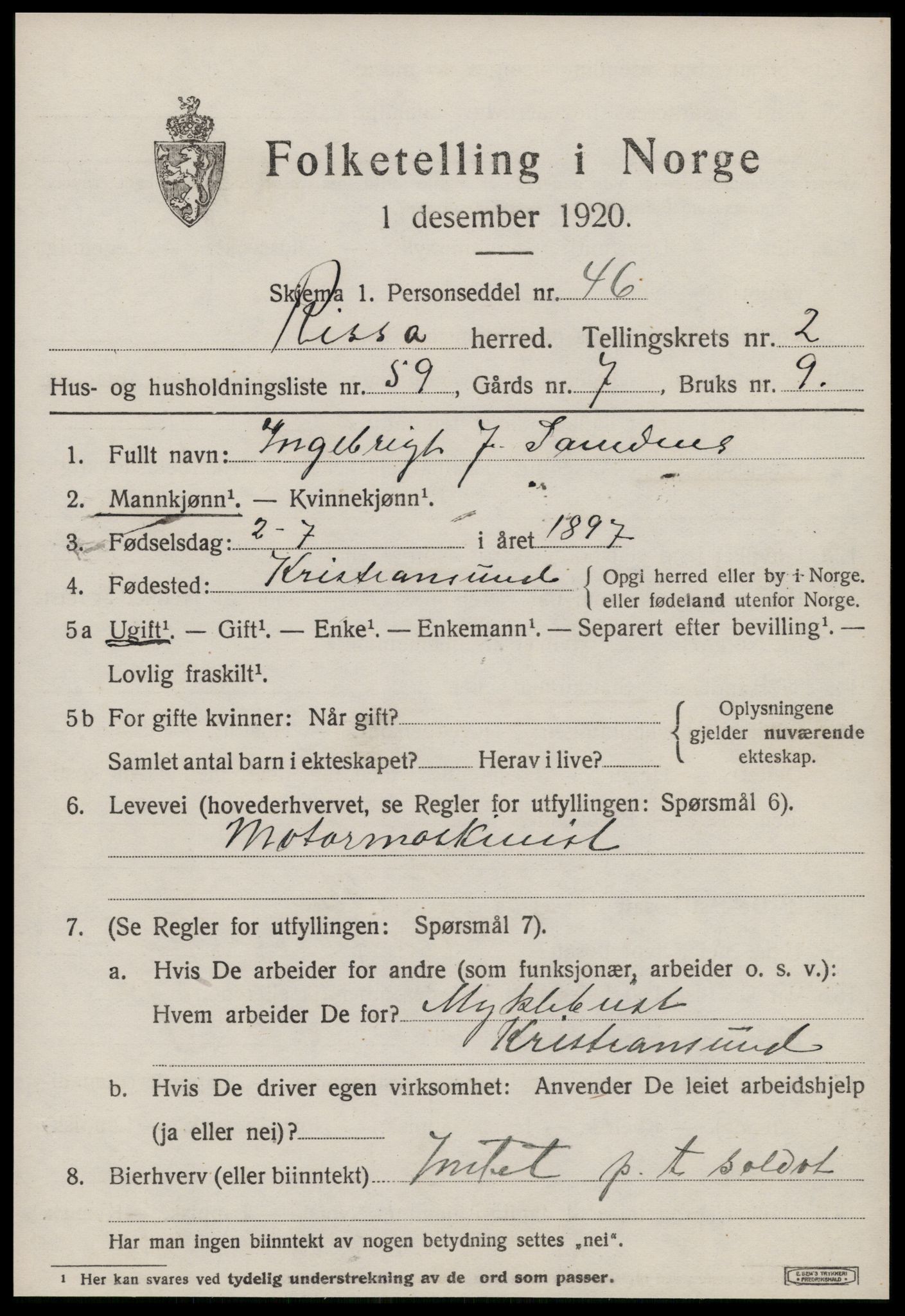 SAT, 1920 census for Rissa, 1920, p. 2461