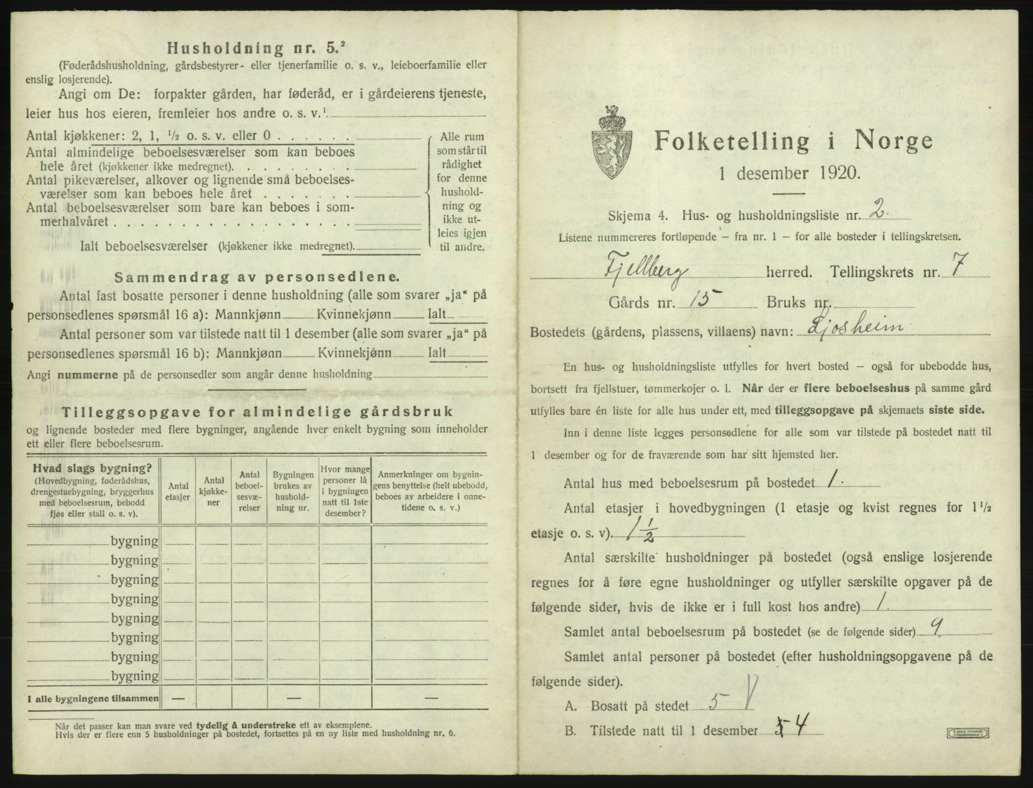 SAB, 1920 census for Fjelberg, 1920, p. 399