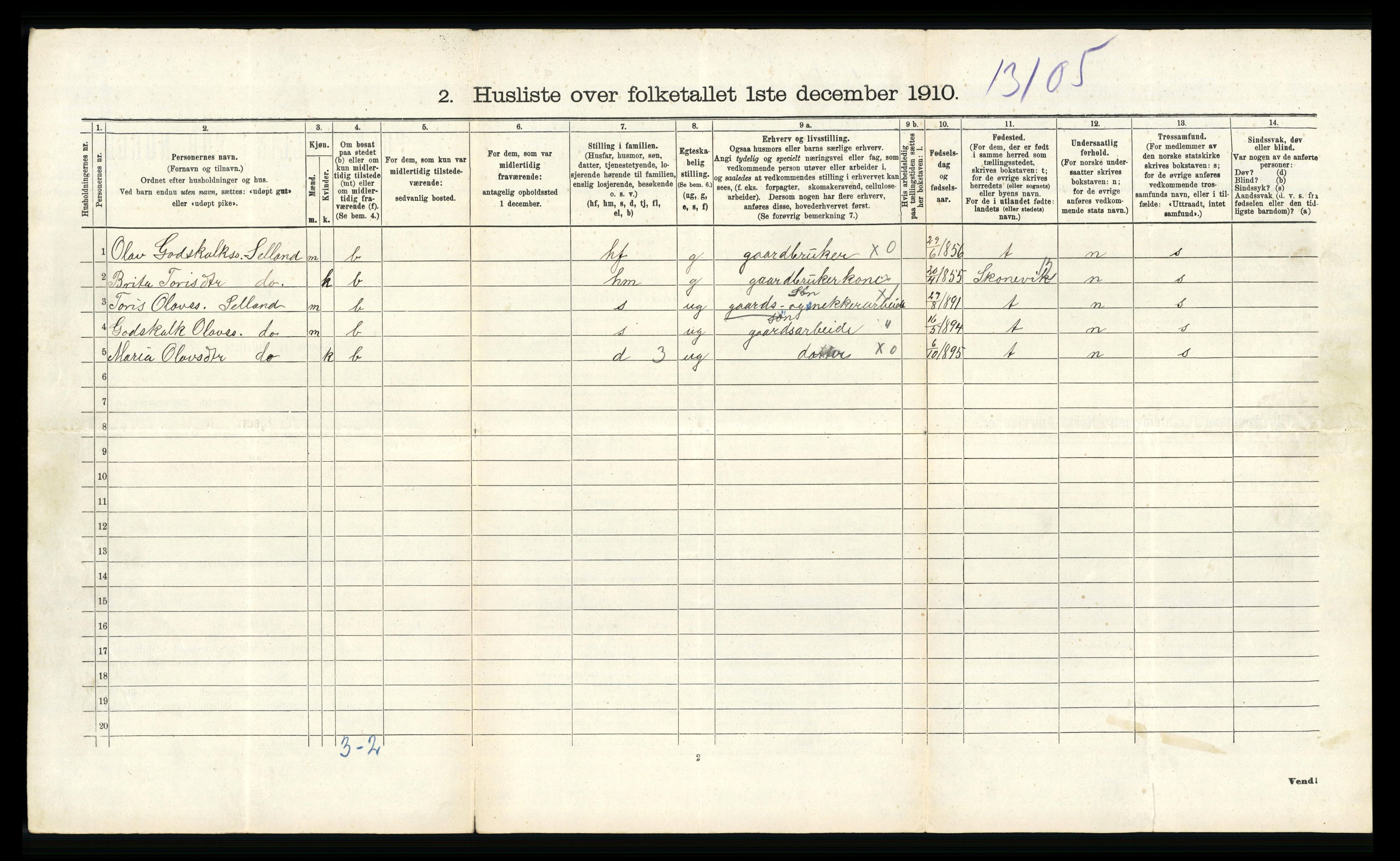 RA, 1910 census for Vossestrand, 1910, p. 624