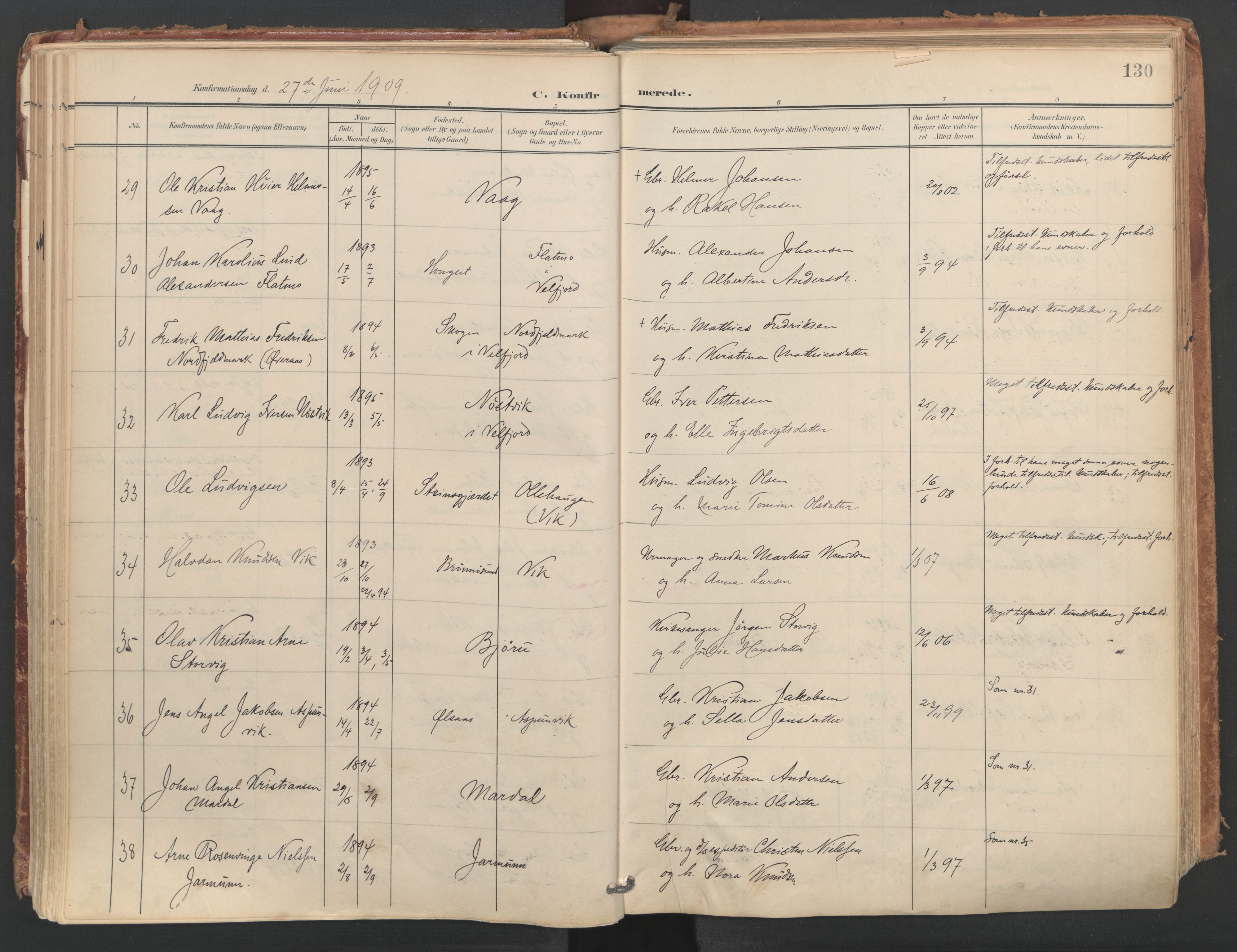 Ministerialprotokoller, klokkerbøker og fødselsregistre - Nordland, AV/SAT-A-1459/812/L0180: Parish register (official) no. 812A09, 1901-1915, p. 130