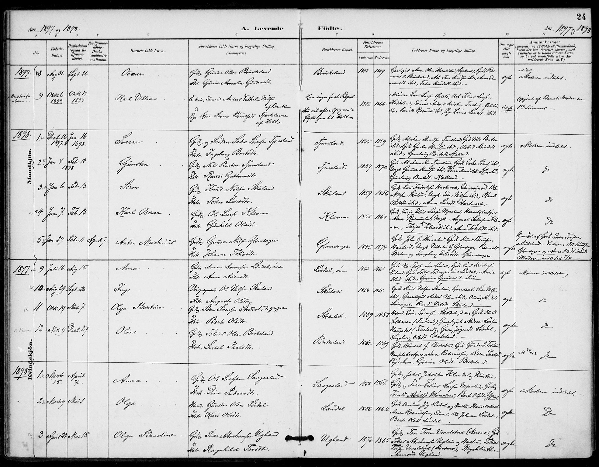 Holum sokneprestkontor, AV/SAK-1111-0022/F/Fa/Fab/L0007: Parish register (official) no. A 7, 1887-1912, p. 24