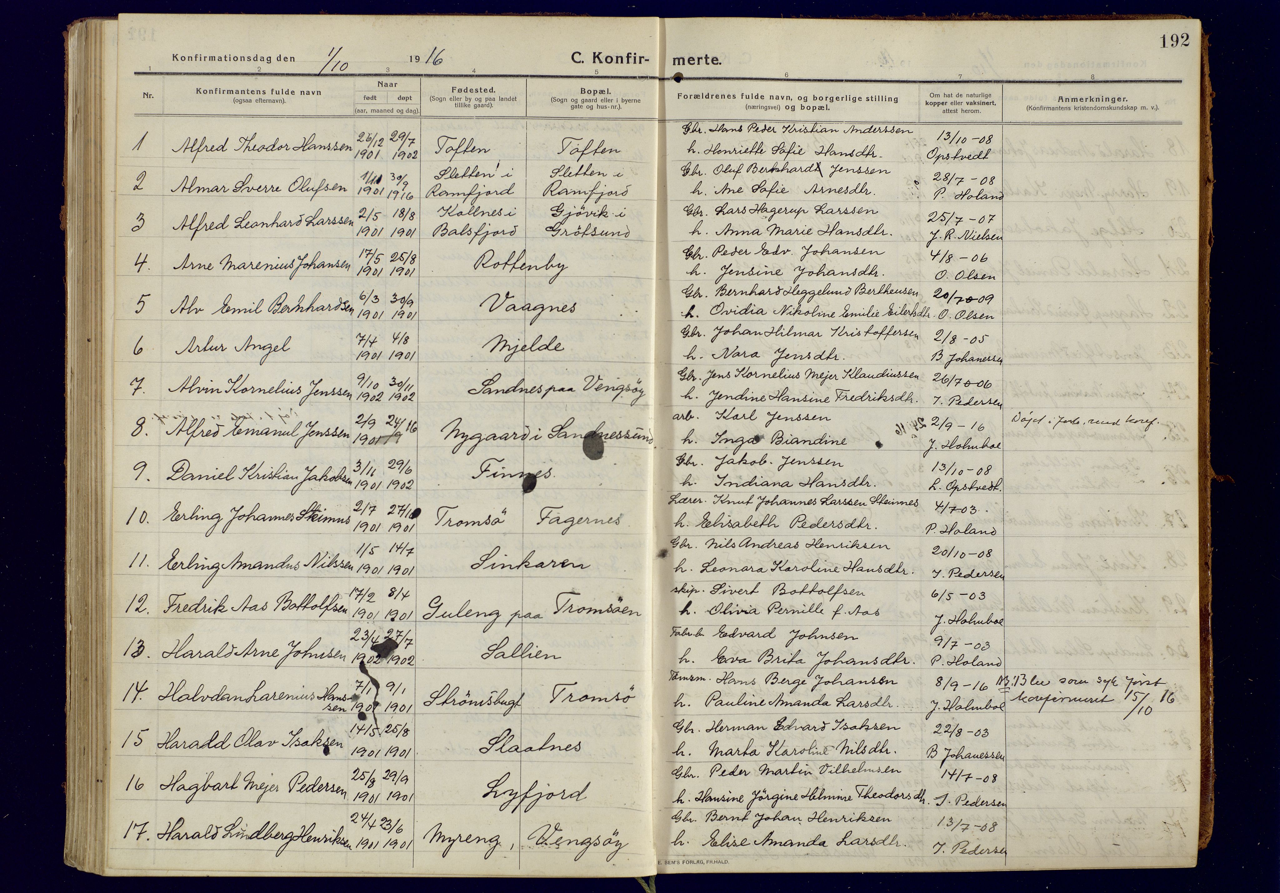 Tromsøysund sokneprestkontor, AV/SATØ-S-1304/G/Ga/L0008kirke: Parish register (official) no. 8, 1914-1922, p. 192