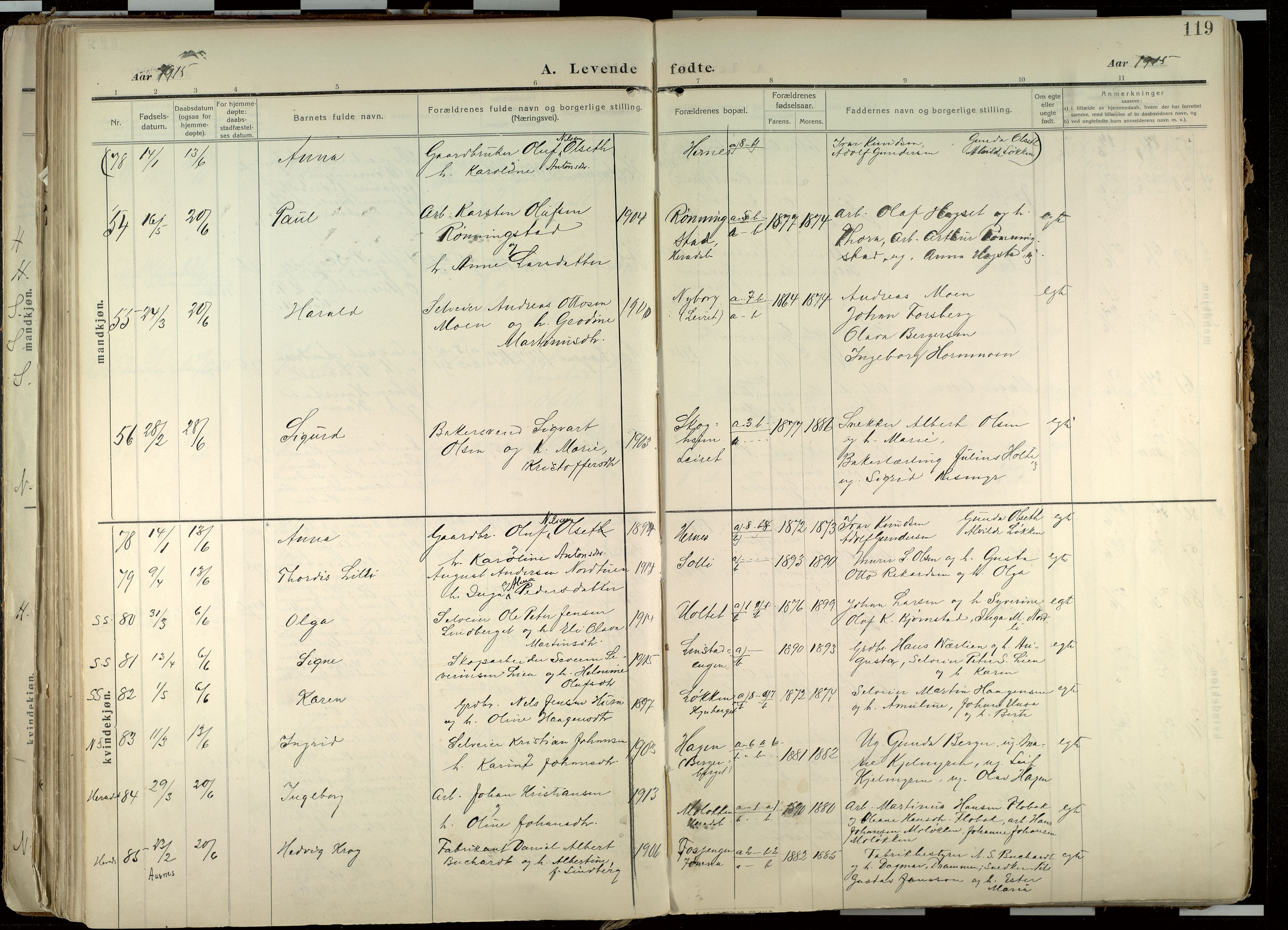 Elverum prestekontor, AV/SAH-PREST-044/H/Ha/Haa/L0020: Parish register (official) no. 20, 1909-1921, p. 119