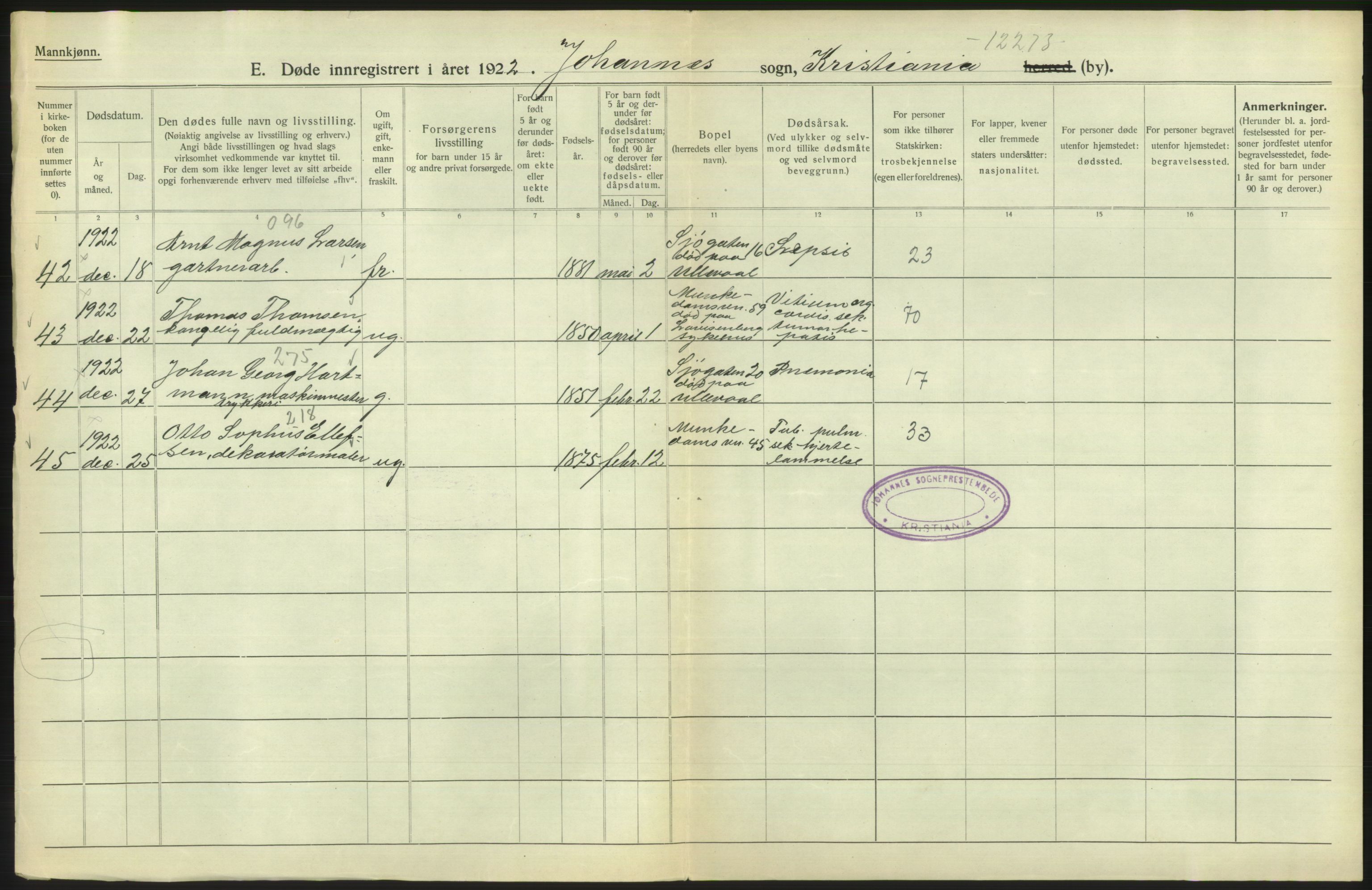 Statistisk sentralbyrå, Sosiodemografiske emner, Befolkning, AV/RA-S-2228/D/Df/Dfc/Dfcb/L0009: Kristiania: Døde, 1922, p. 142